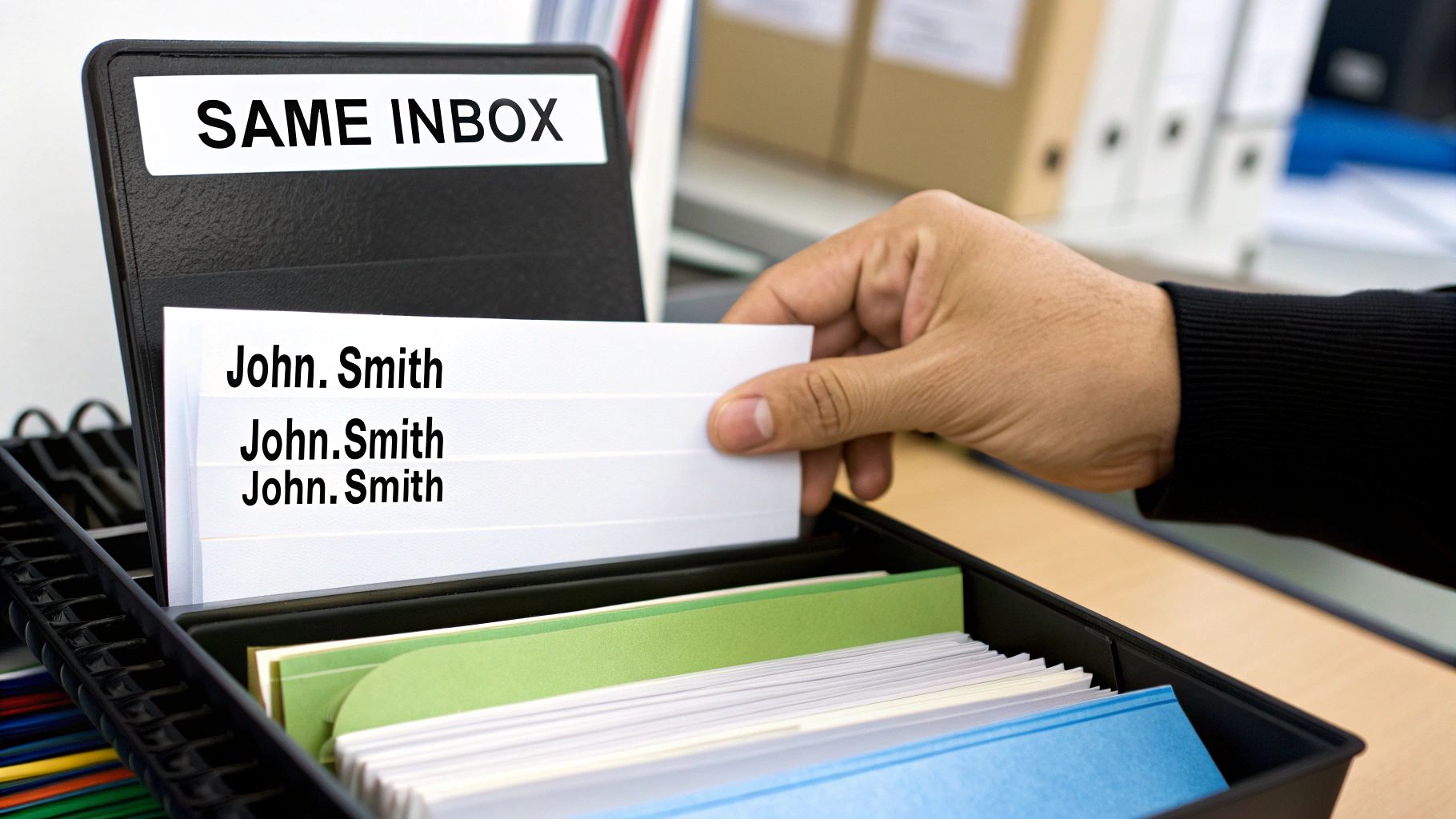 A hand places identical John. Smith files into a black SAME INBOX file organizer.