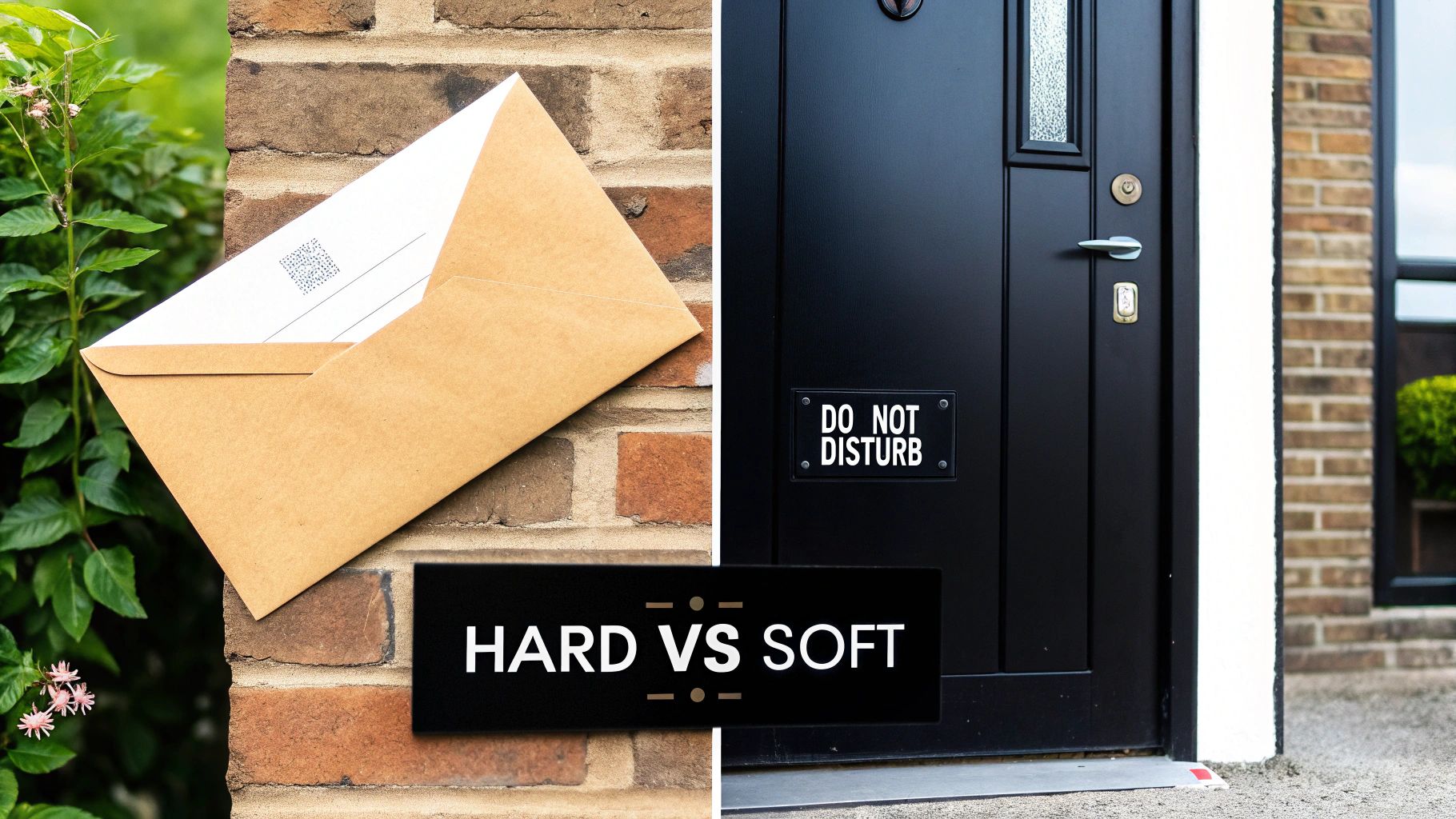 A split image comparing 'Hard vs Soft', featuring an envelope and a 'Do Not Disturb' door sign.