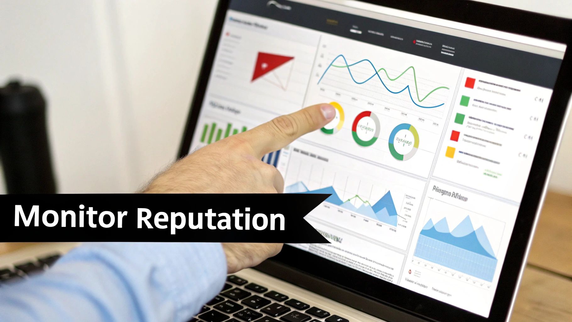 A hand pointing at a laptop screen showing various data visualizations and charts for reputation monitoring.