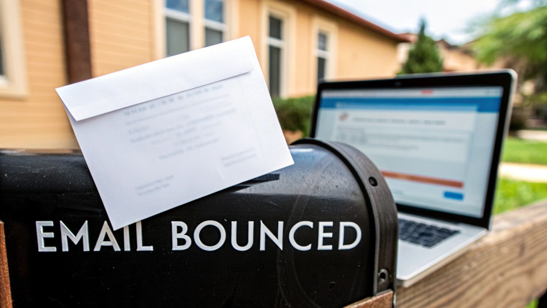 A black mailbox with 'EMAIL BOUNCED' text, a white envelope, and a laptop.