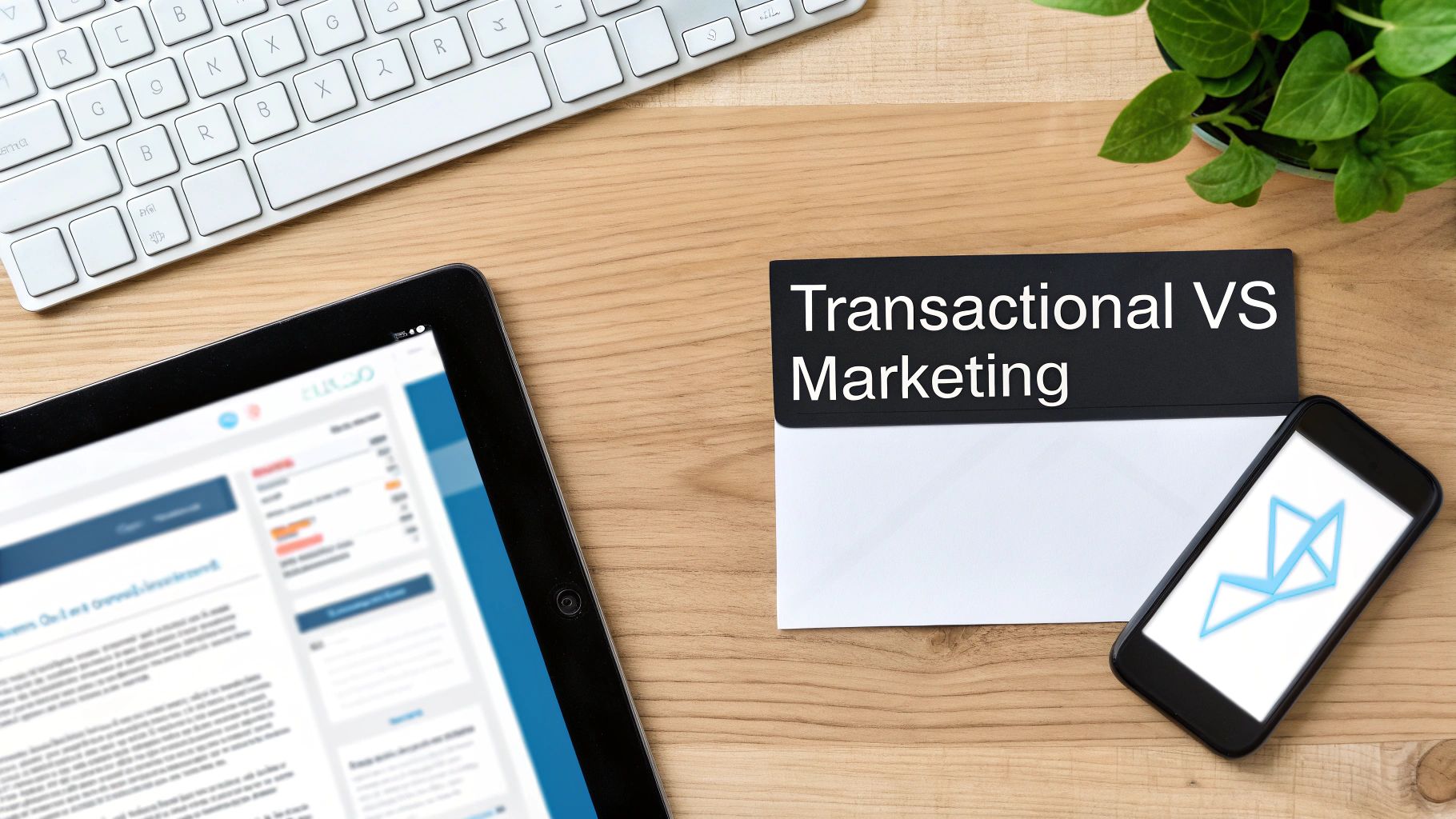 Flat lay of a desk with a keyboard, tablet, smartphone, and a folder titled 'Transactional VS Marketing'.