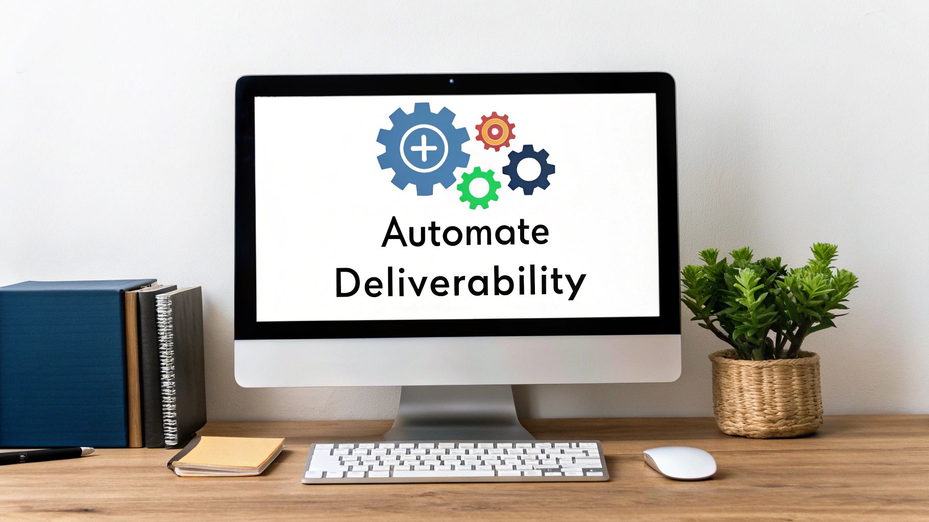 A computer monitor on a wooden desk displays 'Automate Deliverability' with colorful gears, alongside books and a potted plant.