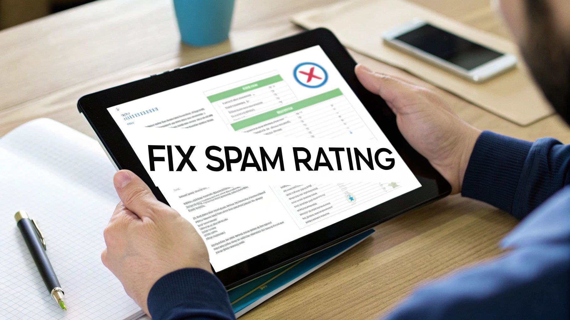 A person holds a tablet displaying 'FIX SPAM RATING' text on a spreadsheet-like report.