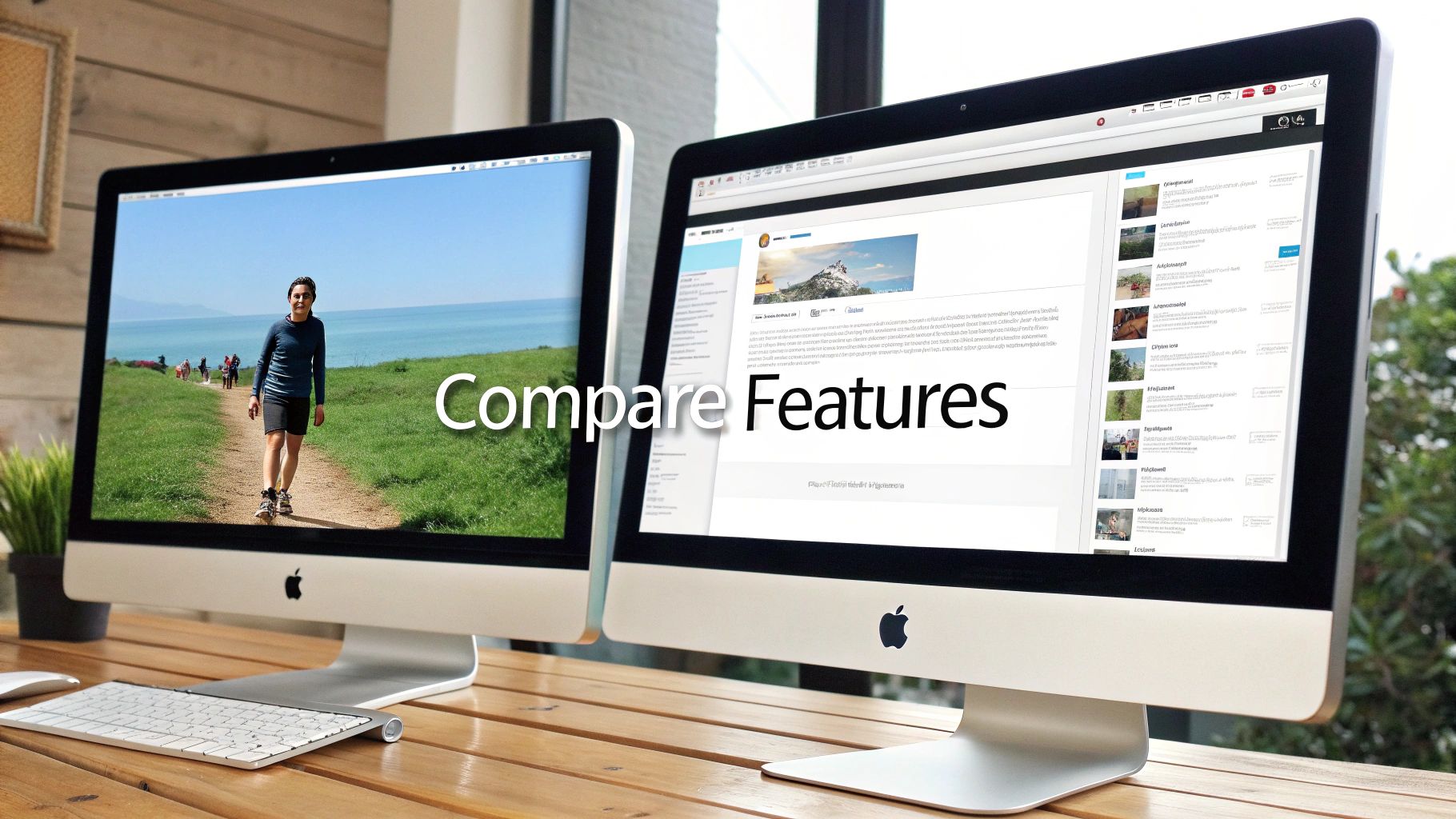 Two Apple iMac computers on a wooden desk showing different content and comparing features.
