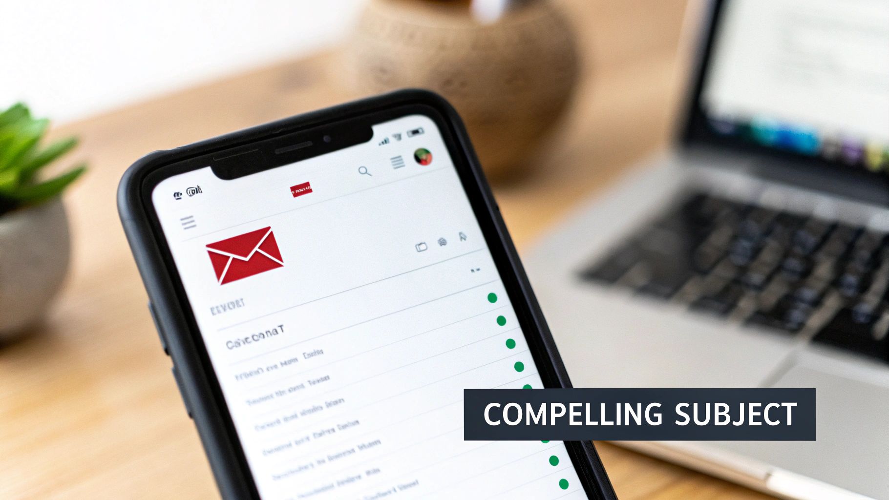 A smartphone displaying an email inbox with unread messages, next to a blurred laptop.
