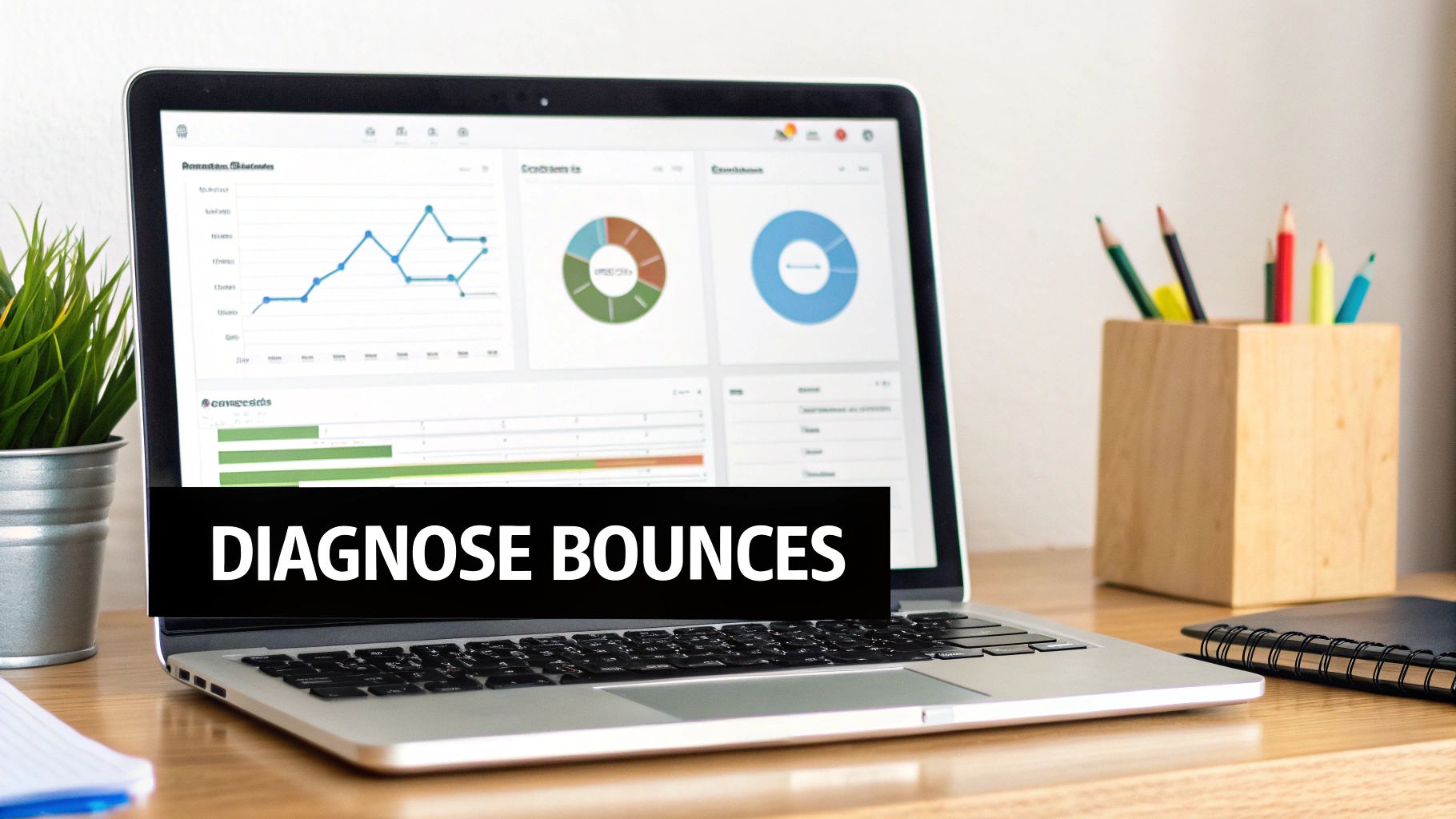 Laptop displaying analytics dashboard with charts and graphs for diagnosing email bounce rates