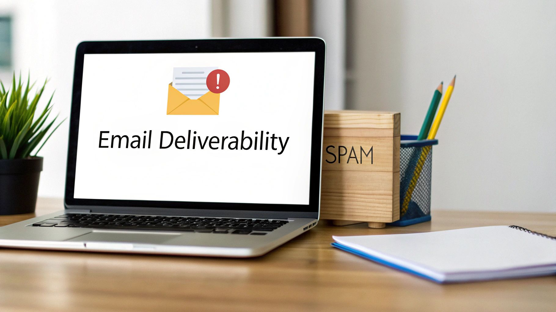 A laptop screen displaying 'Email Deliverability' with a warning icon next to a wooden 'SPAM' box on a desk.