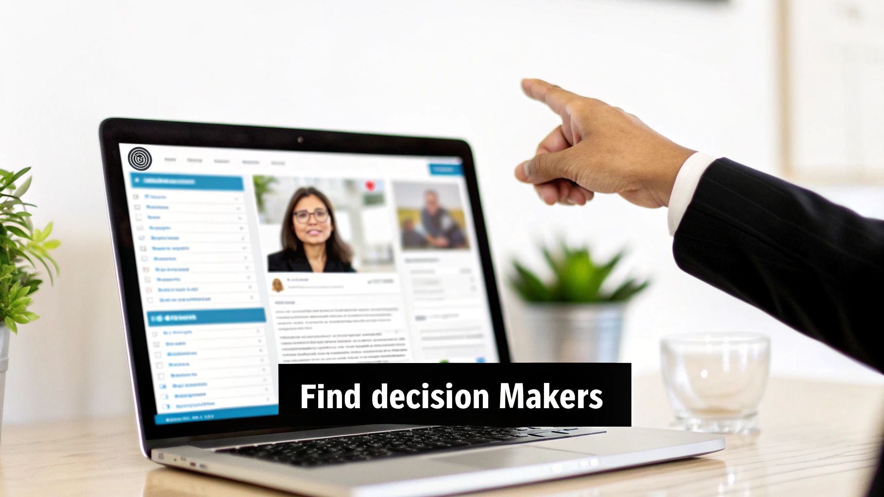 Professional pointing at a laptop screen displaying a networking profile to find decision makers.