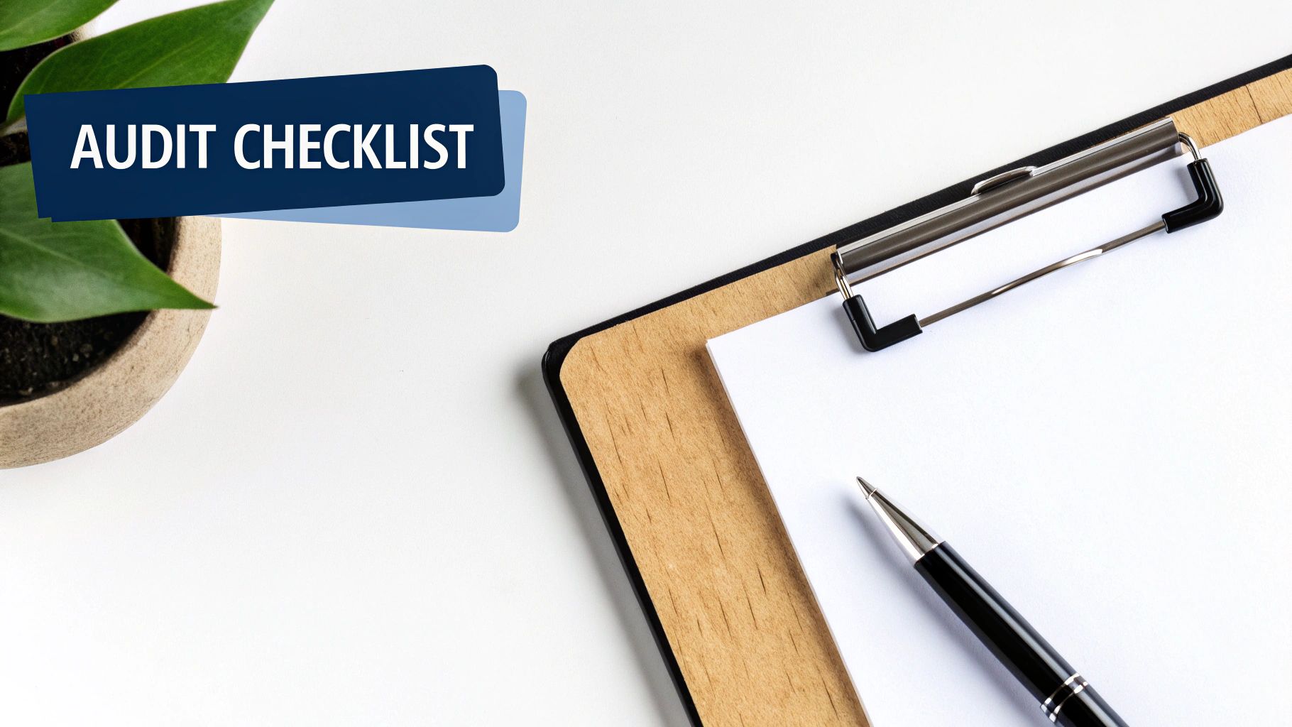 An 'AUDIT CHECKLIST' banner next to a clipboard with a blank paper and a pen.