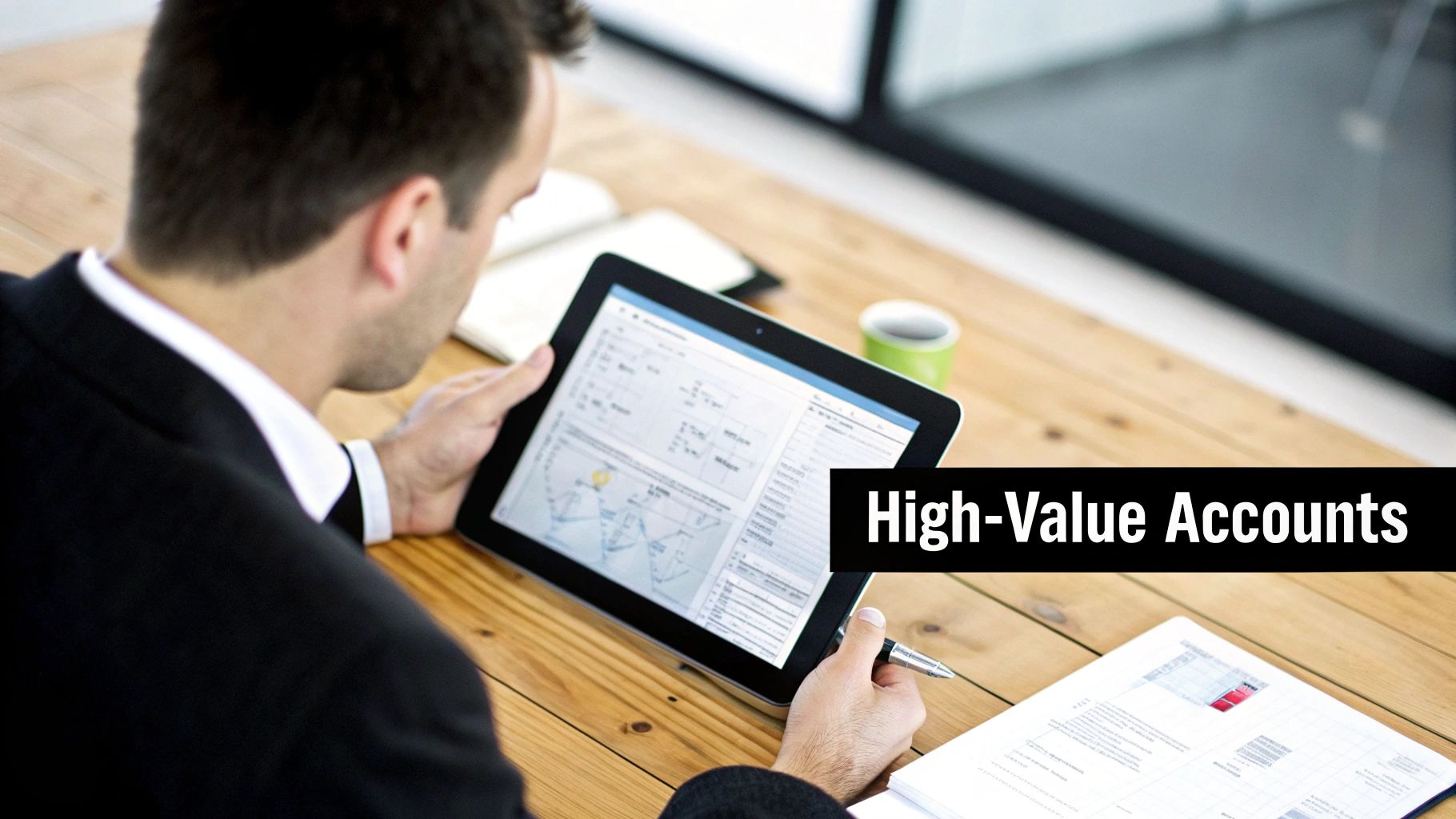 A man in a suit analyzes high-value accounts data on a tablet, with a pen and papers.
