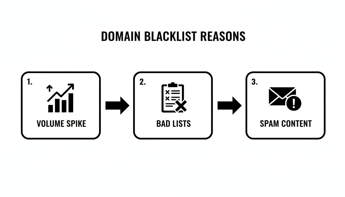 A diagram illustrates three primary reasons for domain blacklisting: volume spike, bad lists, and spam content.
