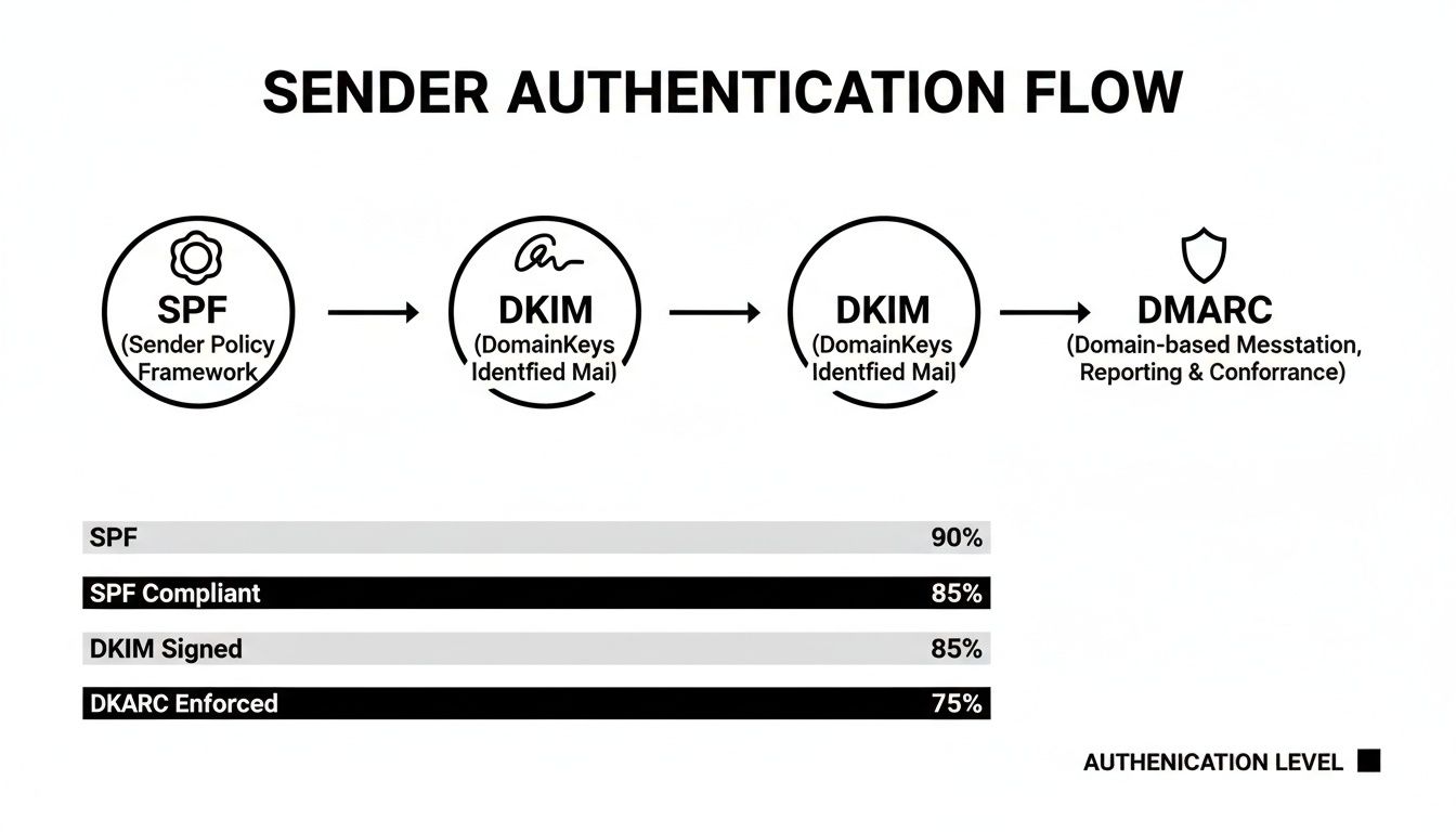 Sender authentication flow diagram detailing SPF, DKIM, DMARC, and their respective compliance percentages.