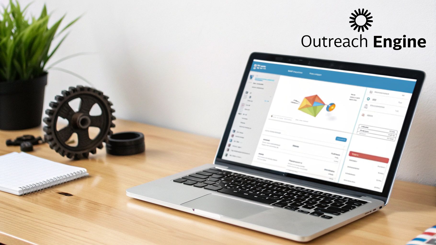 A silver laptop on a wooden desk displaying Outreach Engine software with charts and data.