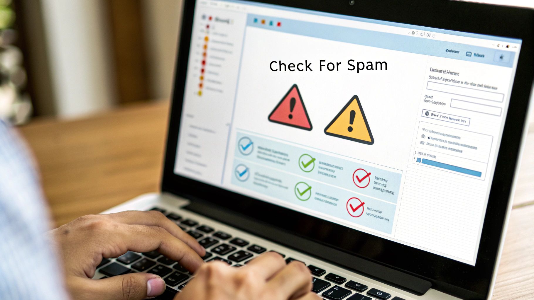 A person working on a laptop with email icons and security shields floating around, representing email verification and security.