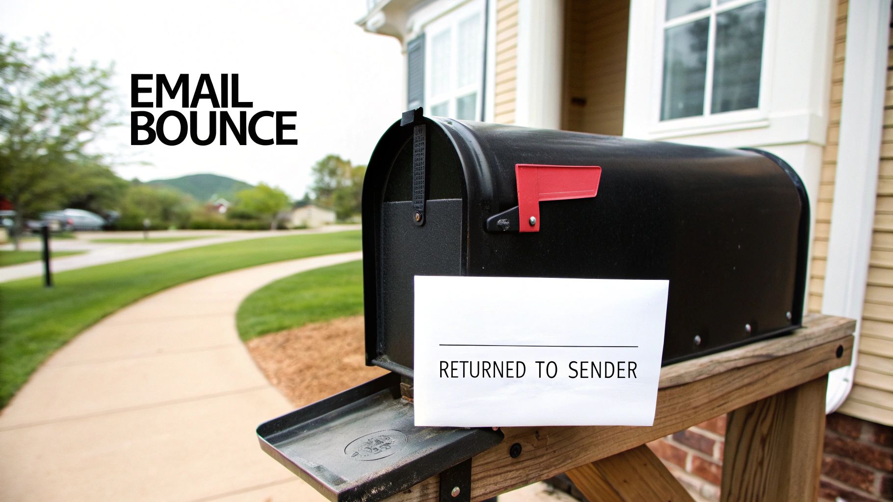 A black mailbox with a 'RETURNED TO SENDER' note, symbolizing an email bounce.