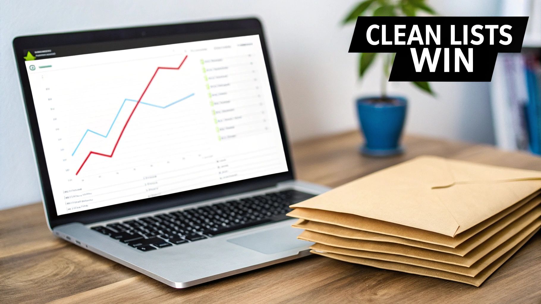 A laptop displays a data graph next to a stack of brown envelopes on a wooden desk, with 'CLEAN LISTS WIN' text.