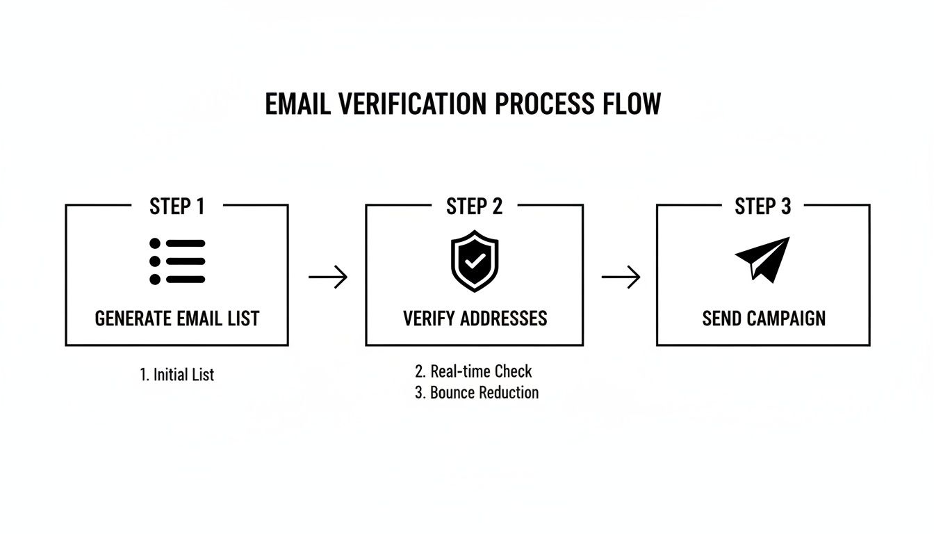 Email verification process flow showing steps: generate list, verify addresses, and send campaign.