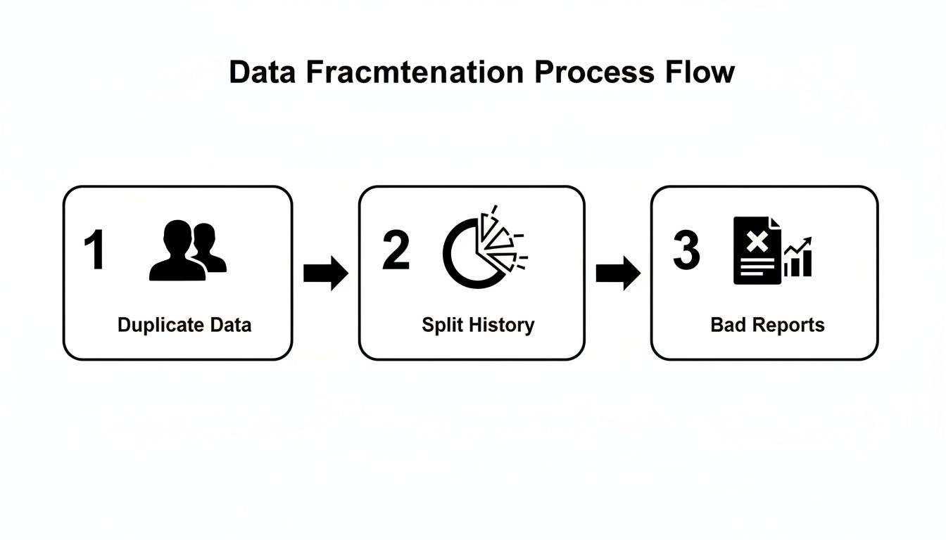 A data fracmtenation process flow diagram showing steps: Duplicate Data, Split History, and Bad Reports.