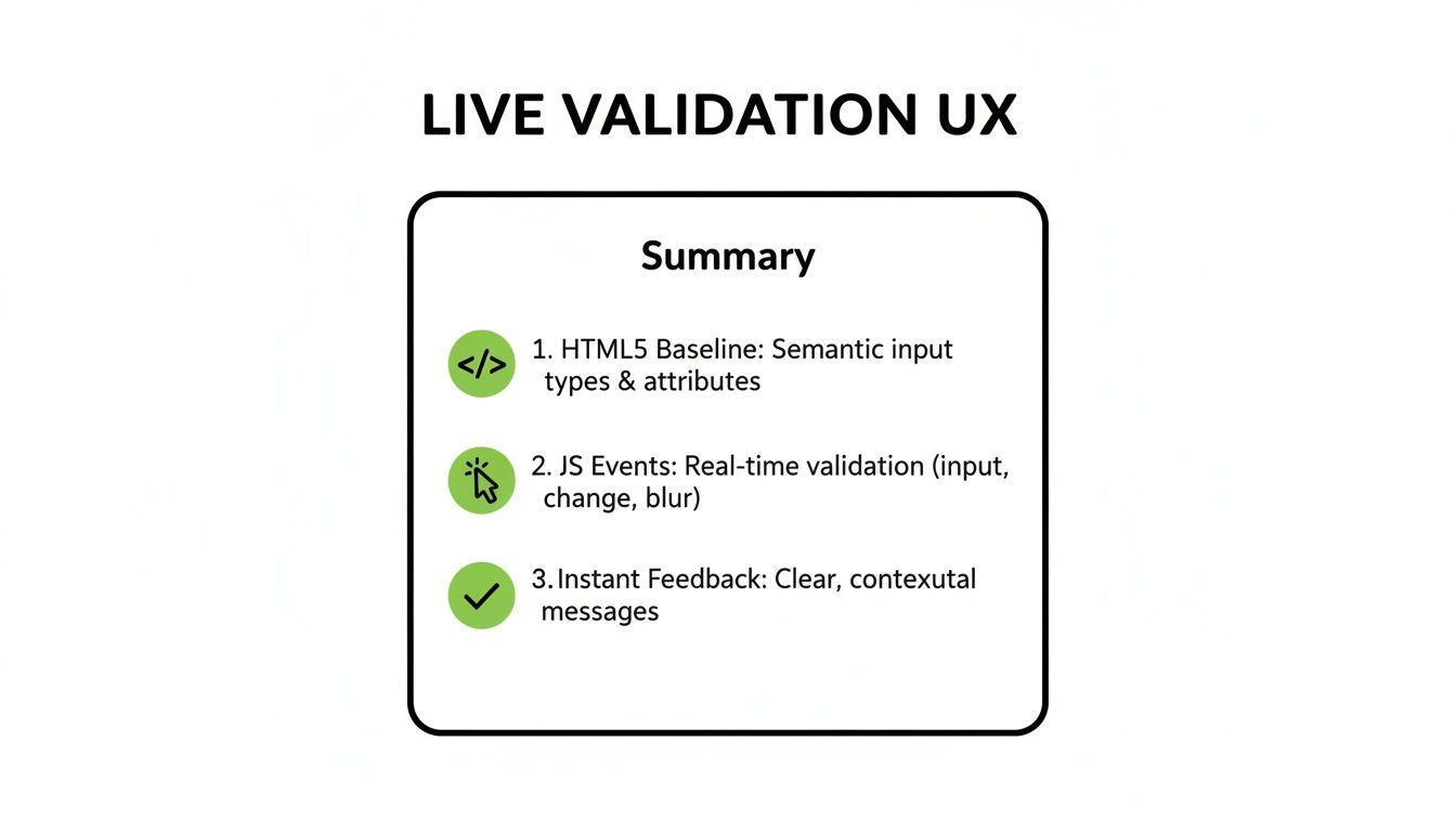 Summary of live validation UX principles covering HTML5, JavaScript events, and instant feedback.