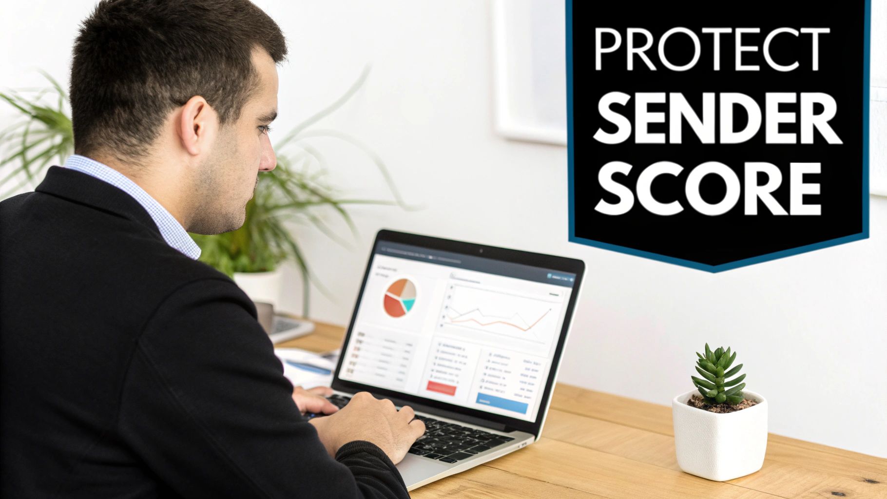 A man in a suit works on a laptop showing data analytics, with a 'Protect Sender Score' banner.
