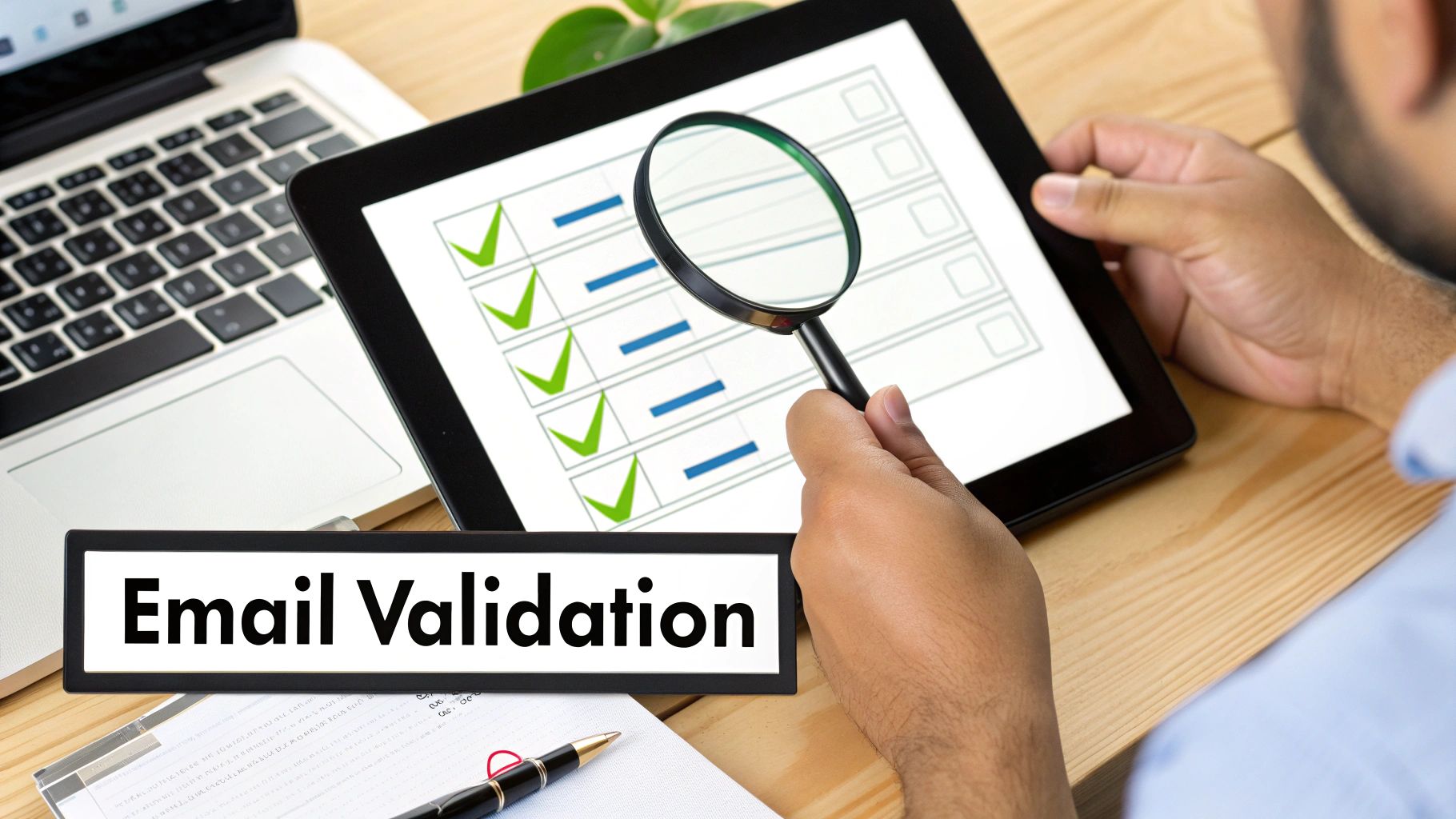 A person holds a magnifying glass over a tablet displaying a checklist with green checkmarks, next to an 'Email Validation' sign.