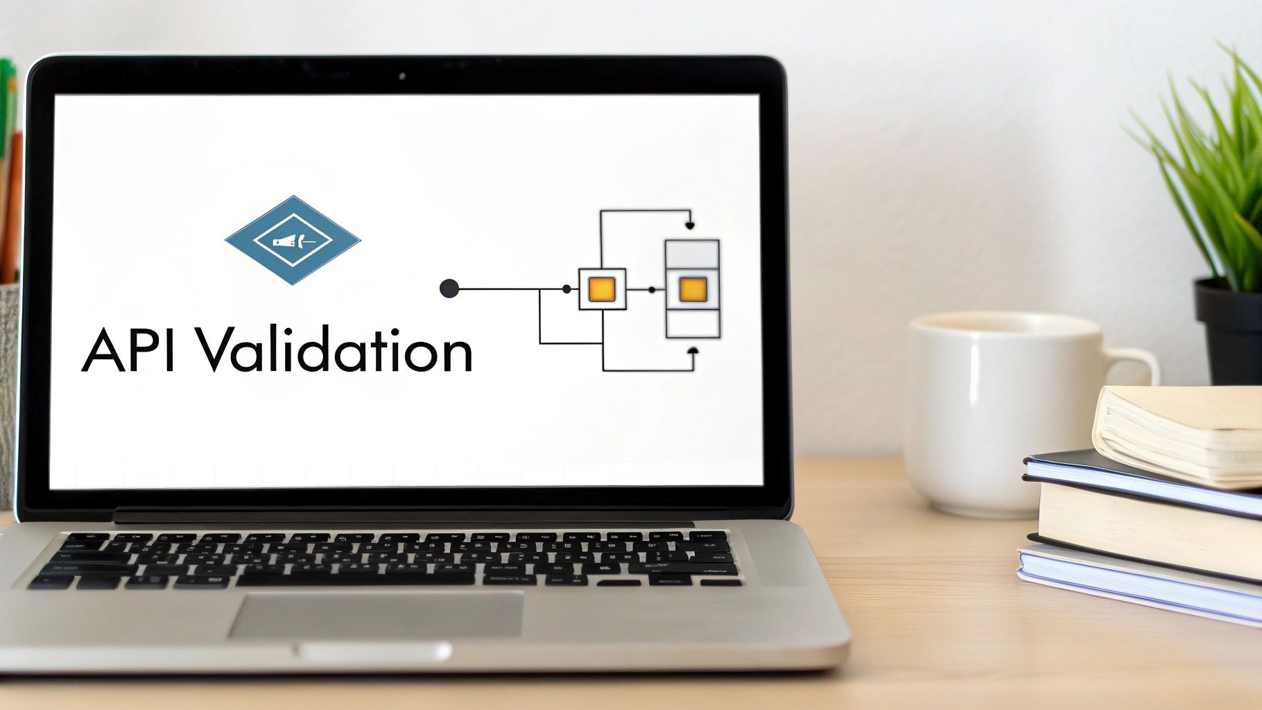 A laptop screen displays 'API Validation' with a diagram, alongside a mug and books on a desk.
