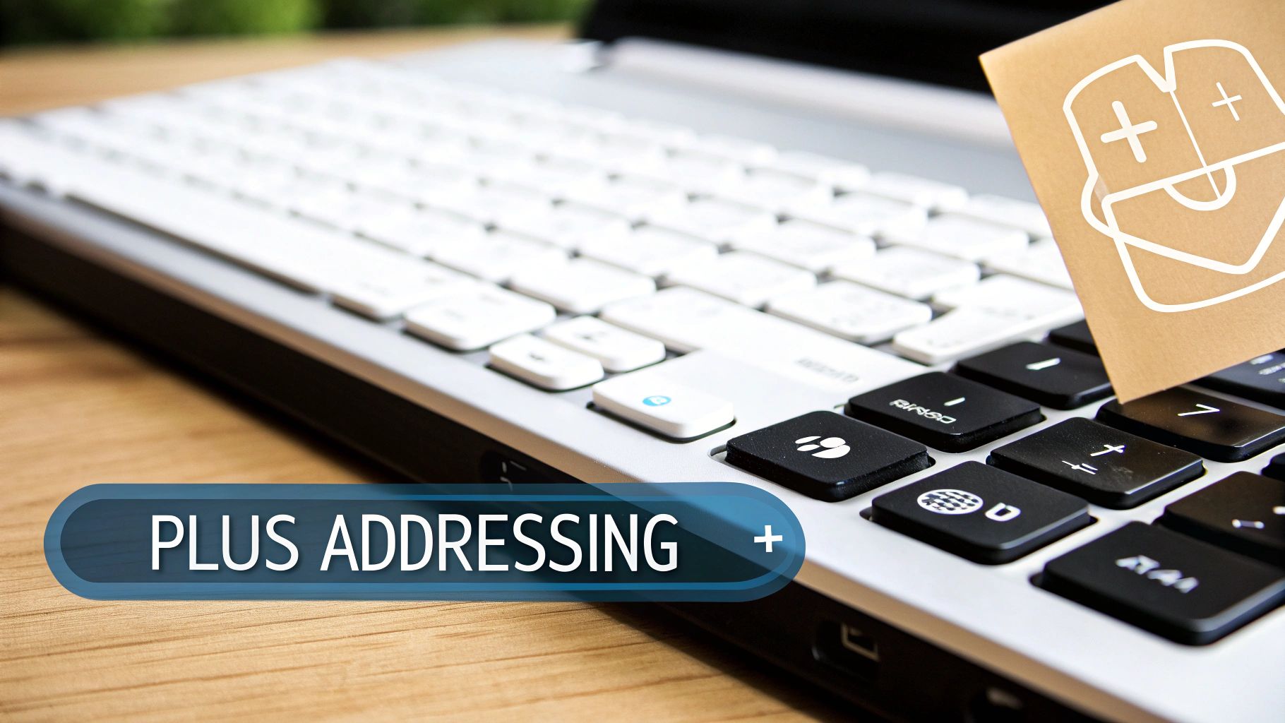 Close-up of a laptop keyboard with a 'PLUS ADDRESSING' graphic and mail envelope icons.