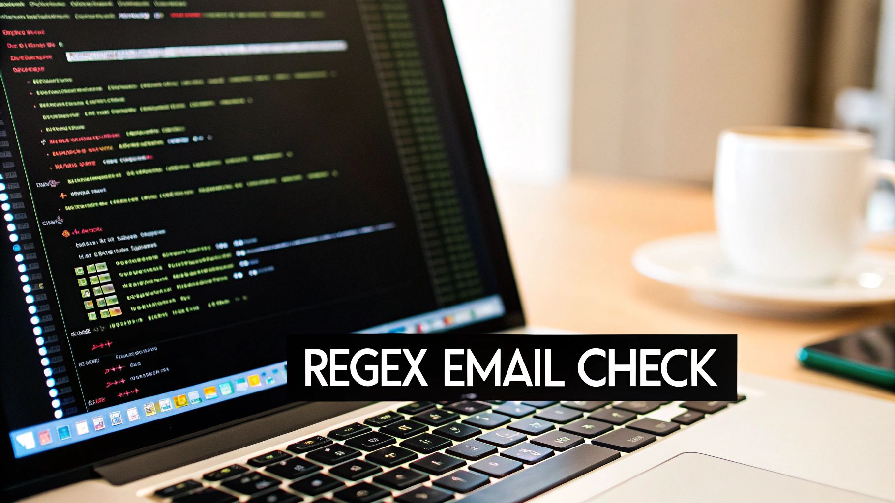 A laptop screen displays programming code with a prominent 'REGEX EMAIL CHECK' banner, alongside a coffee cup.