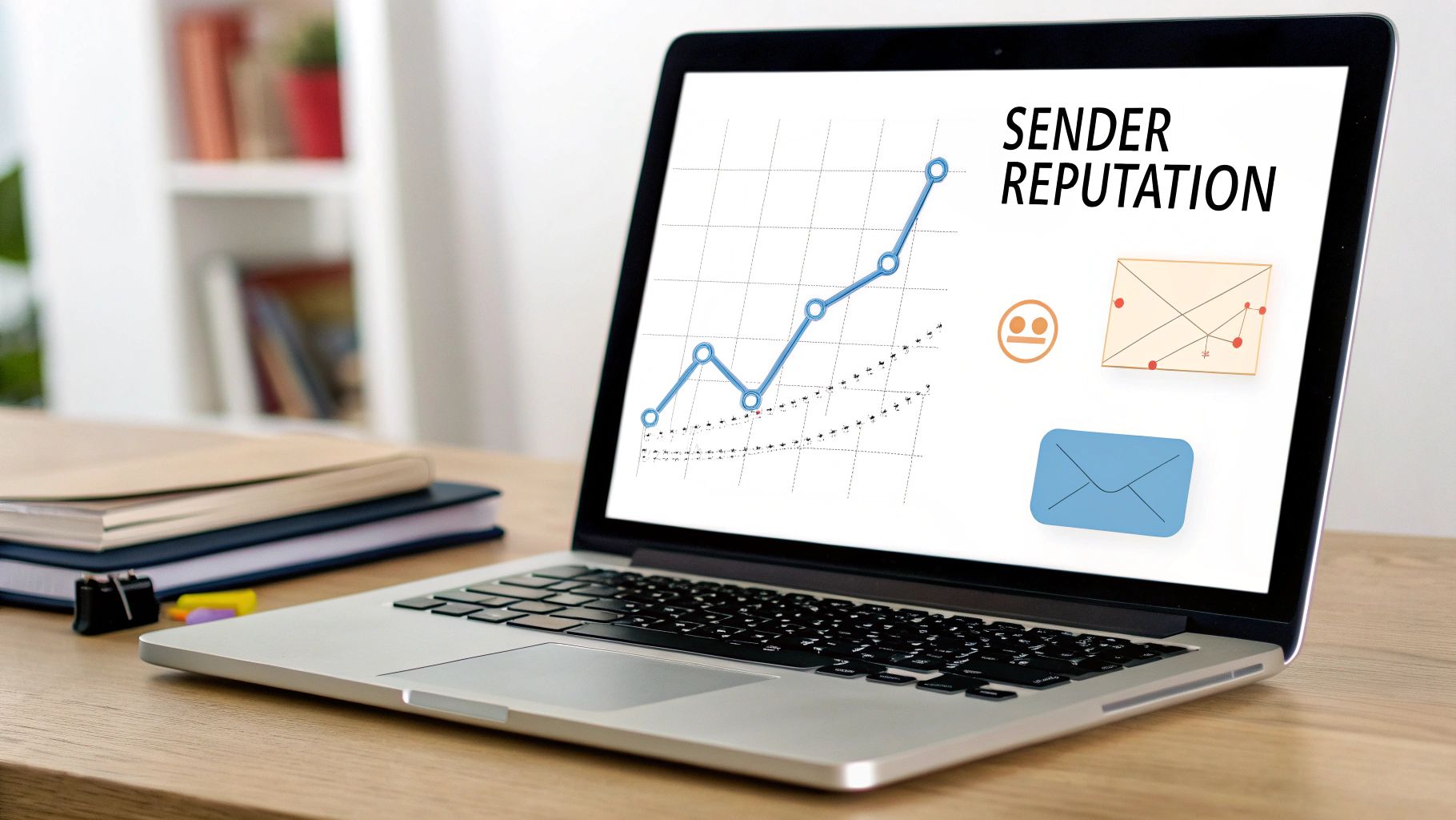 A laptop screen displays an upward trend graph for 'Sender Reputation' alongside email icons.
