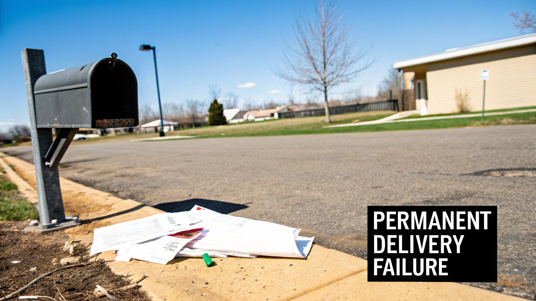 Mail scattered on ground beside mailbox showing permanent delivery failure in residential neighborhood
