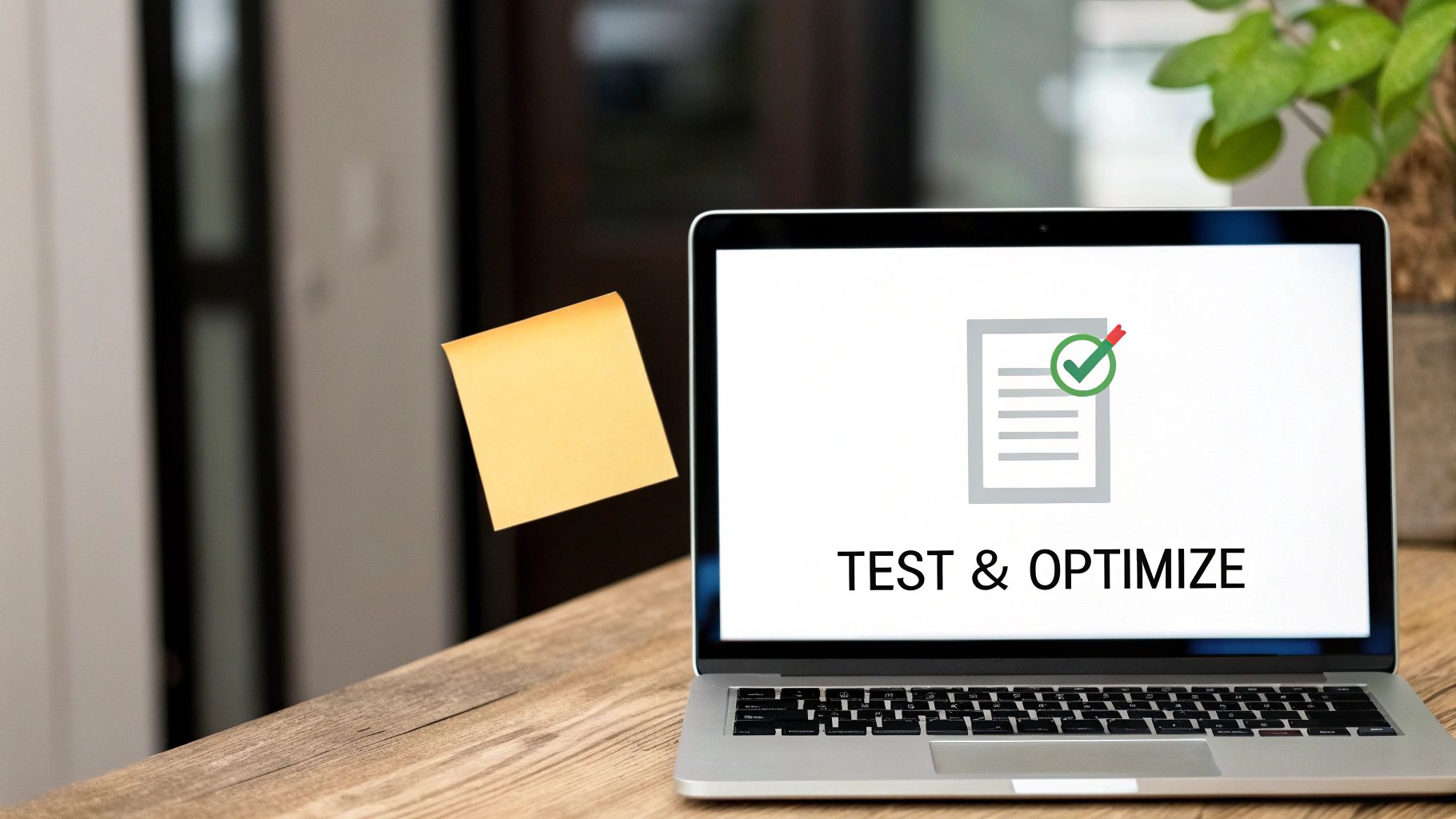 Laptop on a wooden desk displays 'TEST & OPTIMIZE' with a document icon and a yellow sticky note.