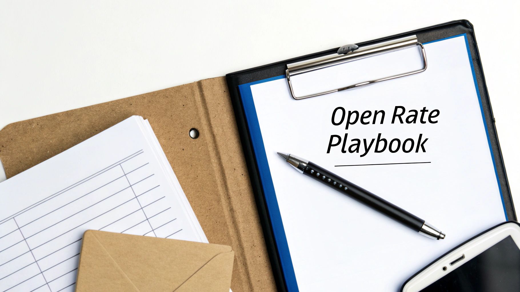 A clipboard with a document titled 'Open Rate Playbook', a pen, stacked papers, and a smartphone.