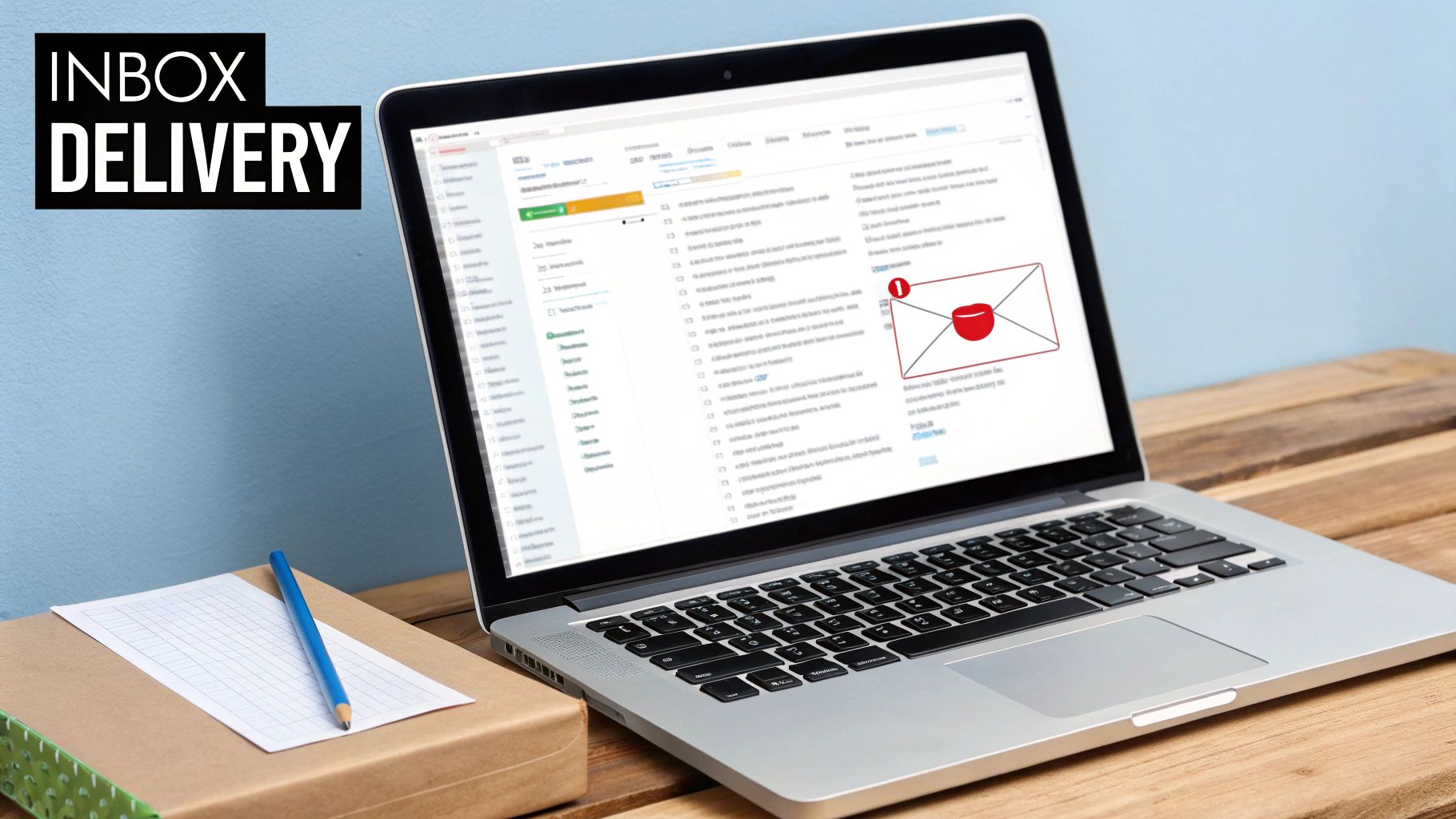 A laptop on a wooden desk displaying an email inbox, next to a package and a blue pencil. Text: INBOX DELIVERY.