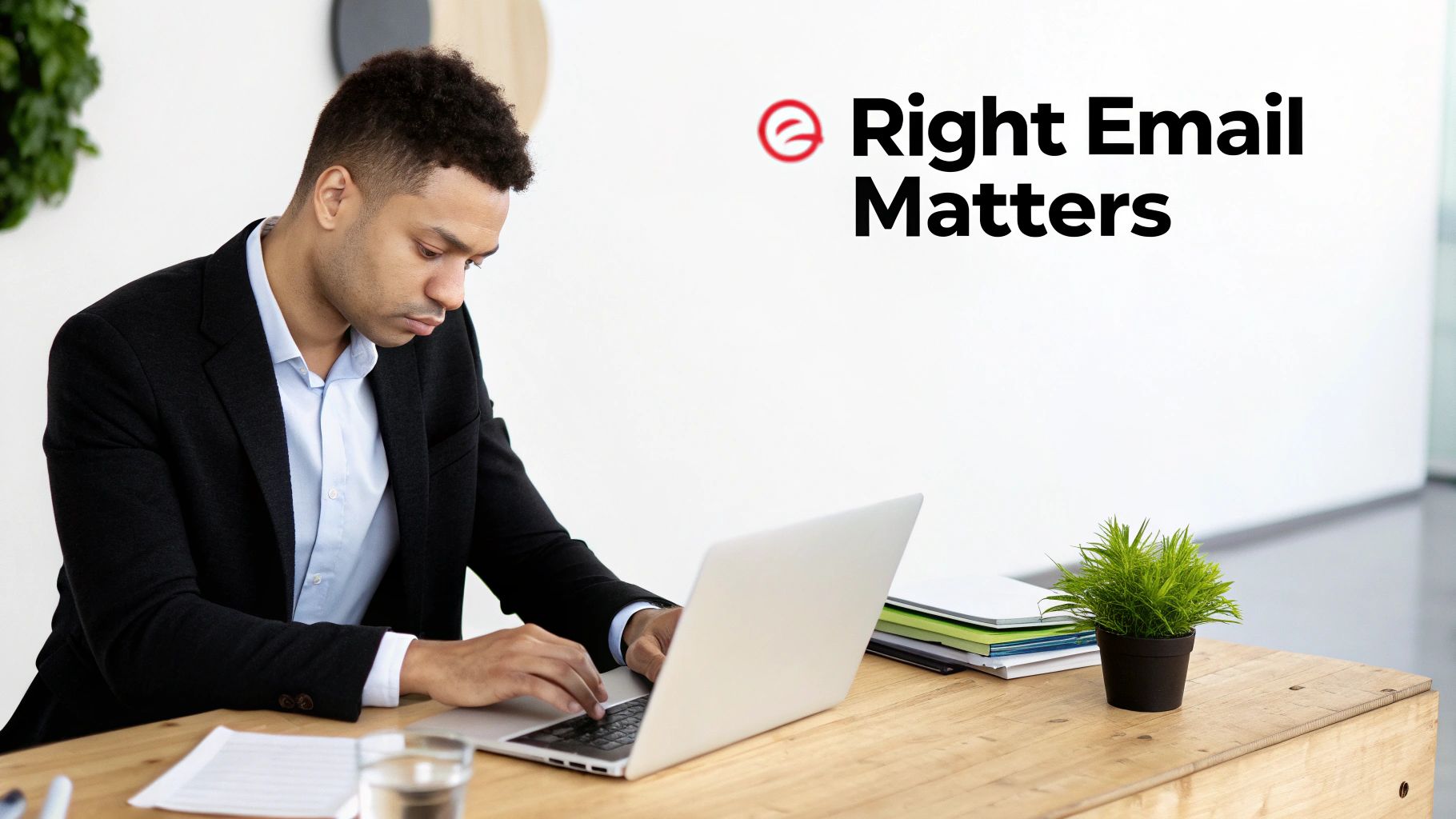 A focused man in a suit jacket typing on a laptop at a wooden desk in a bright office.