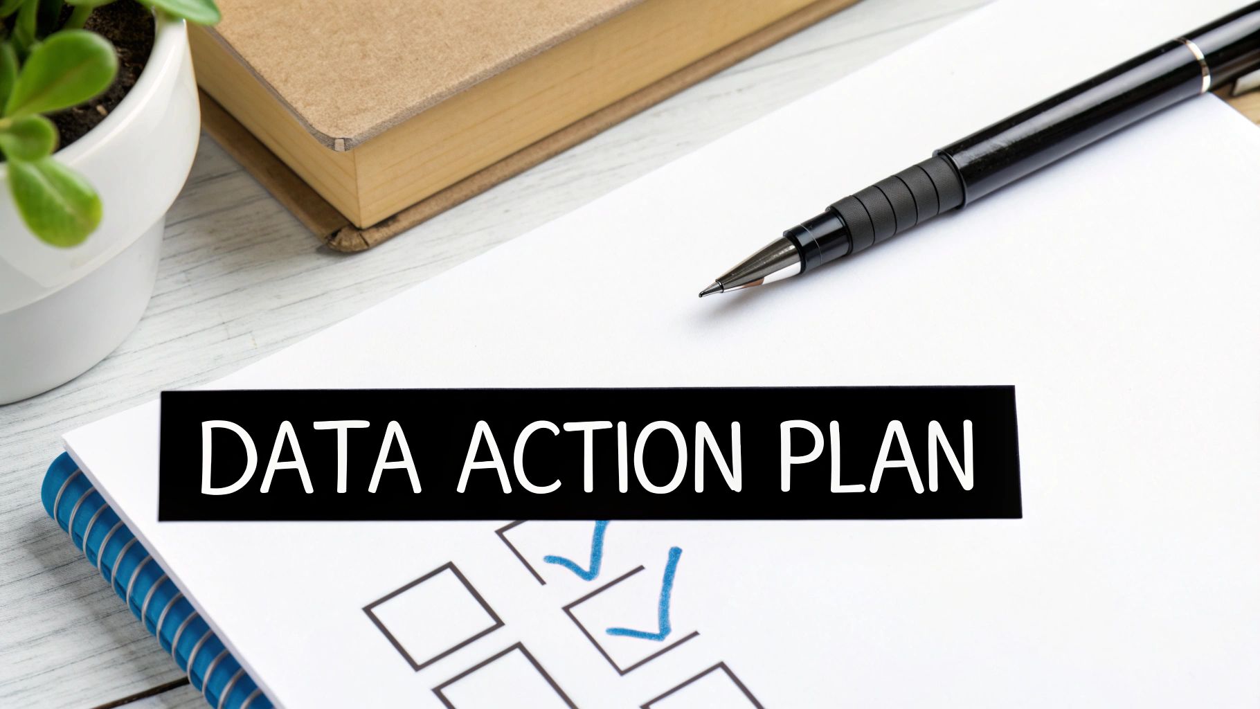 A DATA ACTION PLAN sign on a notebook with a checklist and pen, symbolizing strategy.
