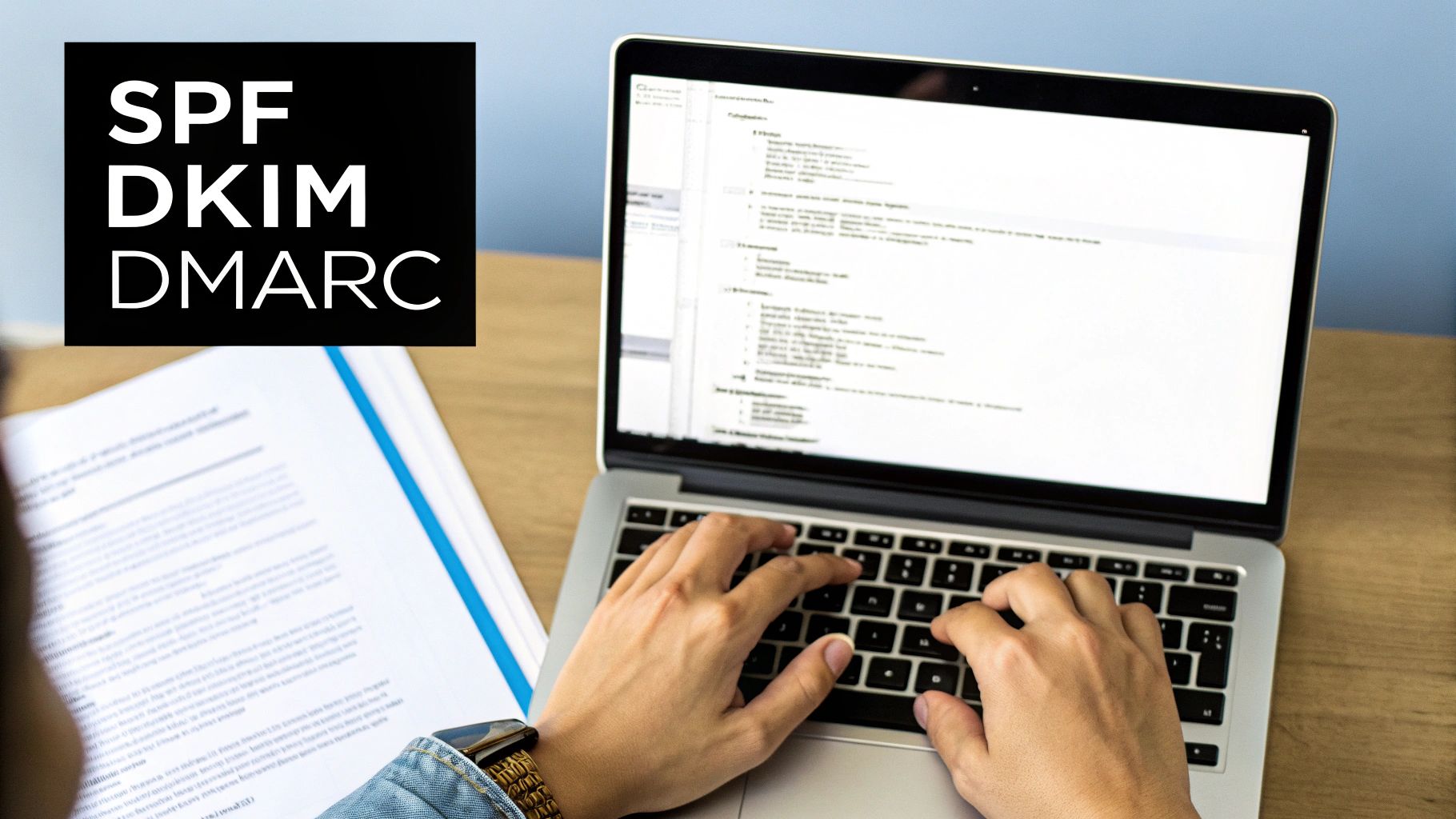 Person typing on laptop reviewing email authentication protocols SPF DKIM DMARC for domain reputation