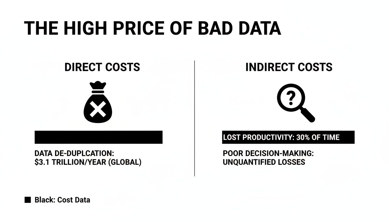 Infographic showing the direct and indirect costs of bad data, including de-duplication and lost productivity.
