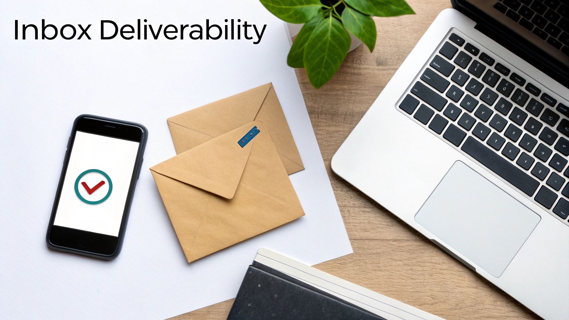 Flat lay of a workspace with a laptop, smartphone showing a checkmark, and envelopes, symbolizing inbox deliverability.