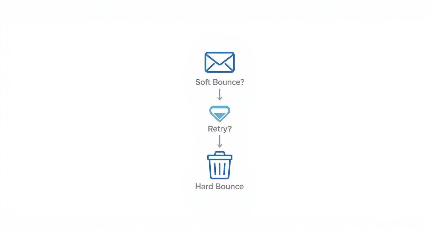 Email bounce workflow diagram showing soft bounce retry process leading to hard bounce with trash icon