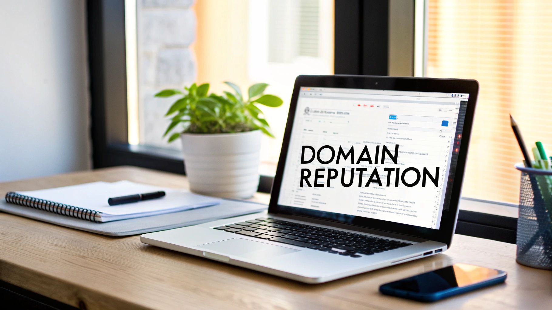 Laptop displaying domain reputation text on screen with notebook and plant on desk
