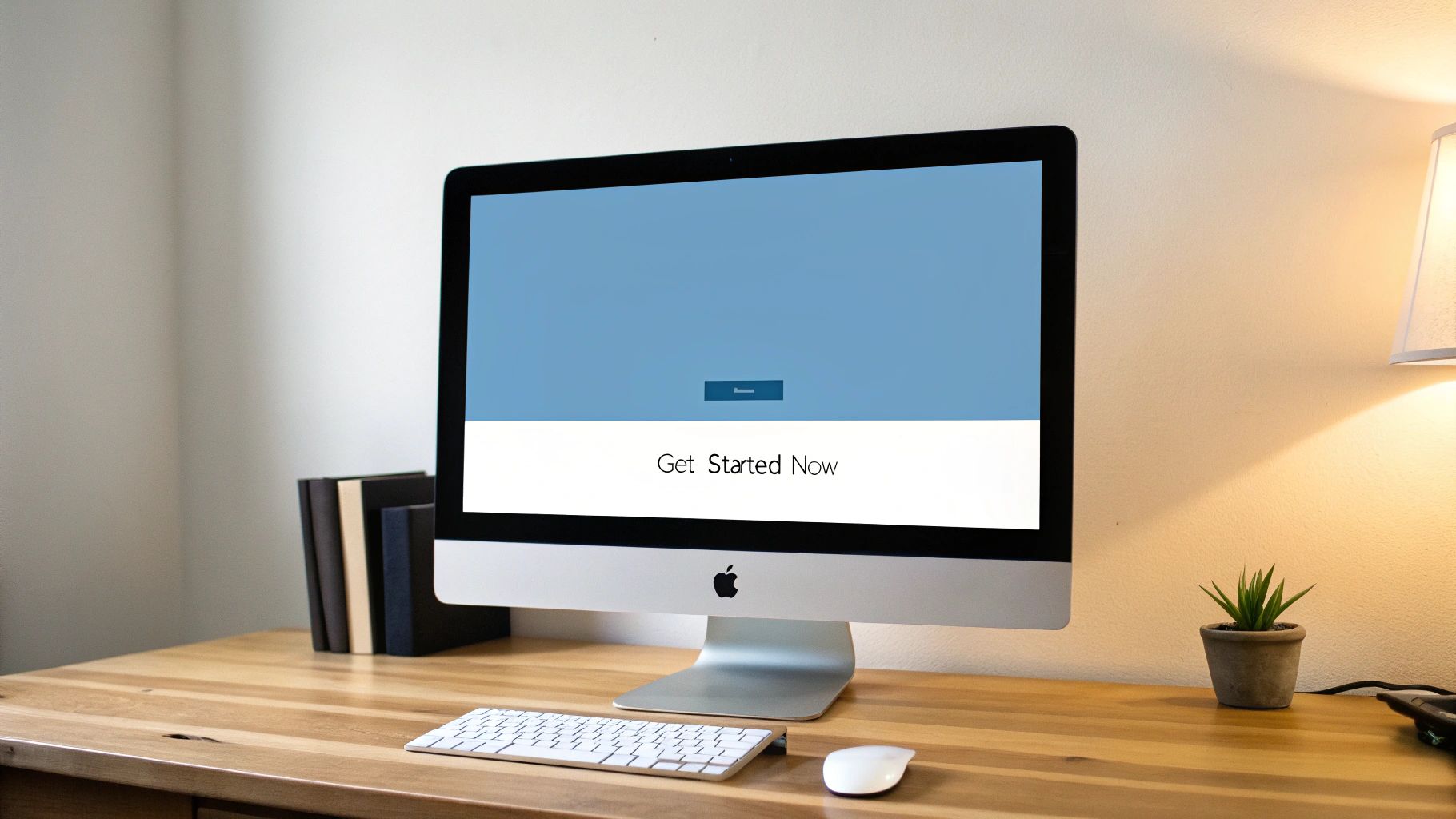 A close-up of a finger about to click a brightly colored 'Get Started Now' button on a screen.