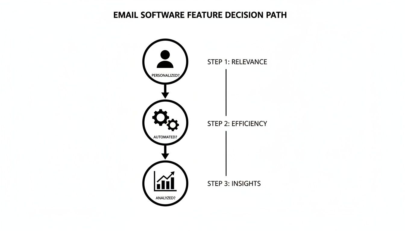 Decision path for email software features, showing steps for relevance, efficiency, and insights.