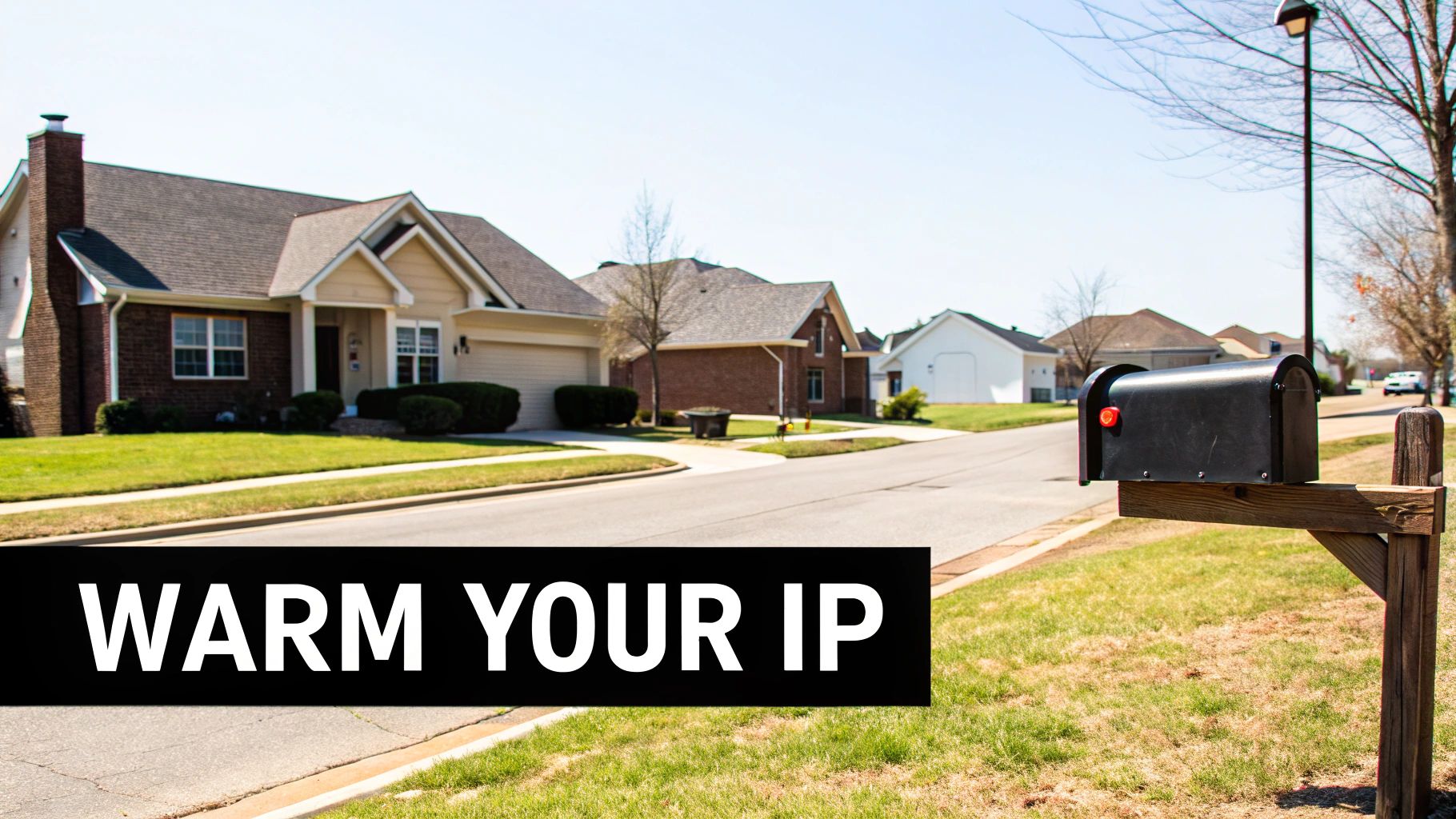 Suburban street with houses, green lawns, and a mailbox, featuring 'WARM YOUR IP' text.