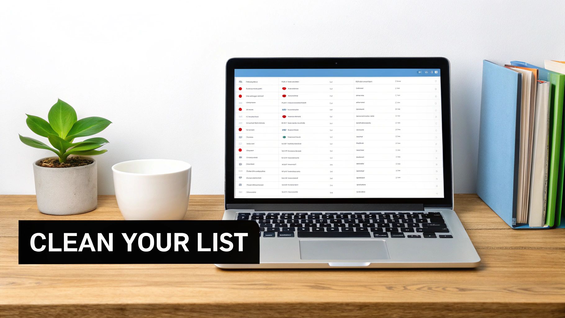 Laptop displaying email list spreadsheet on wooden desk with plant and office supplies