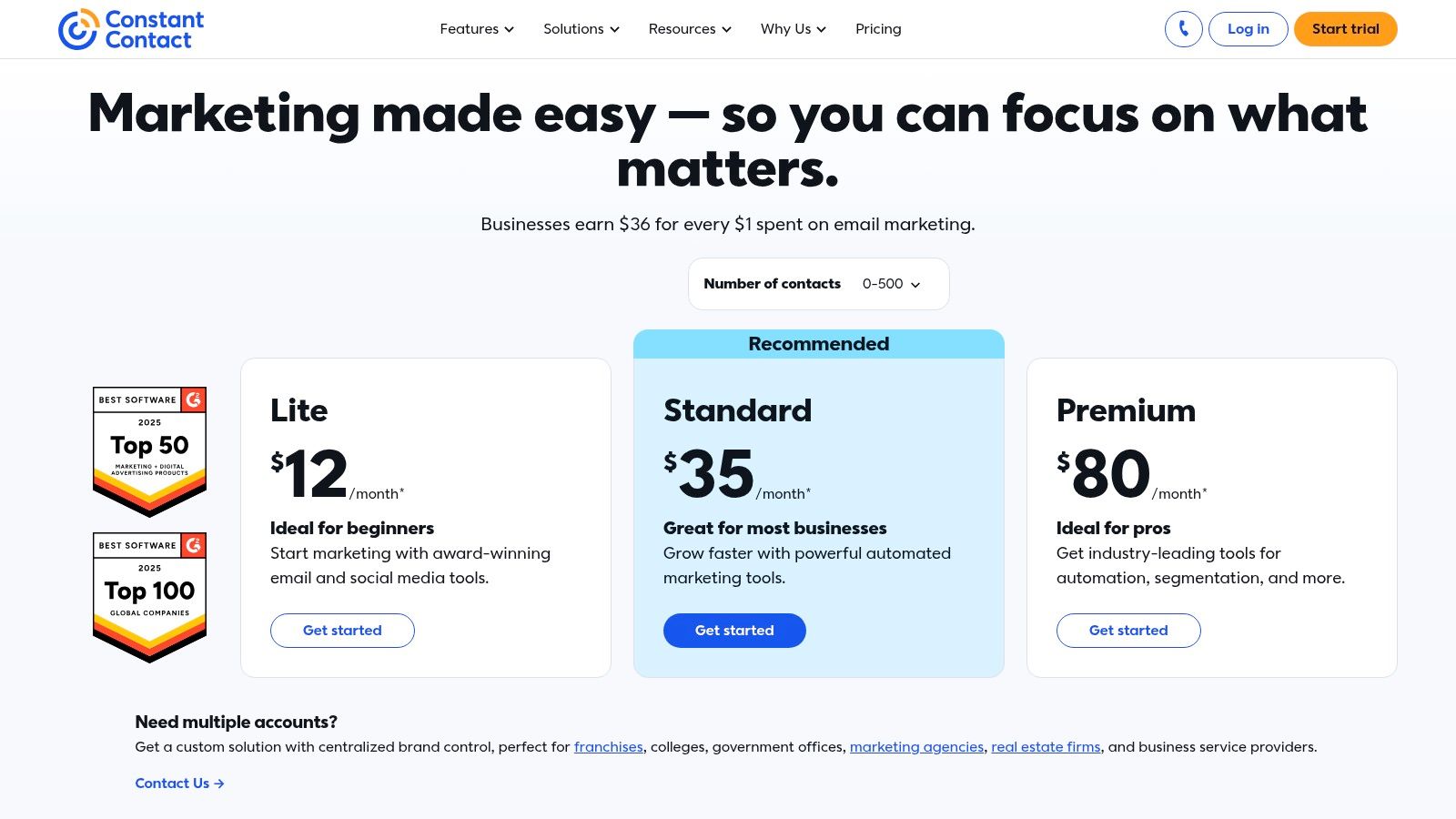 Constant Contact's pricing plans highlighting its features