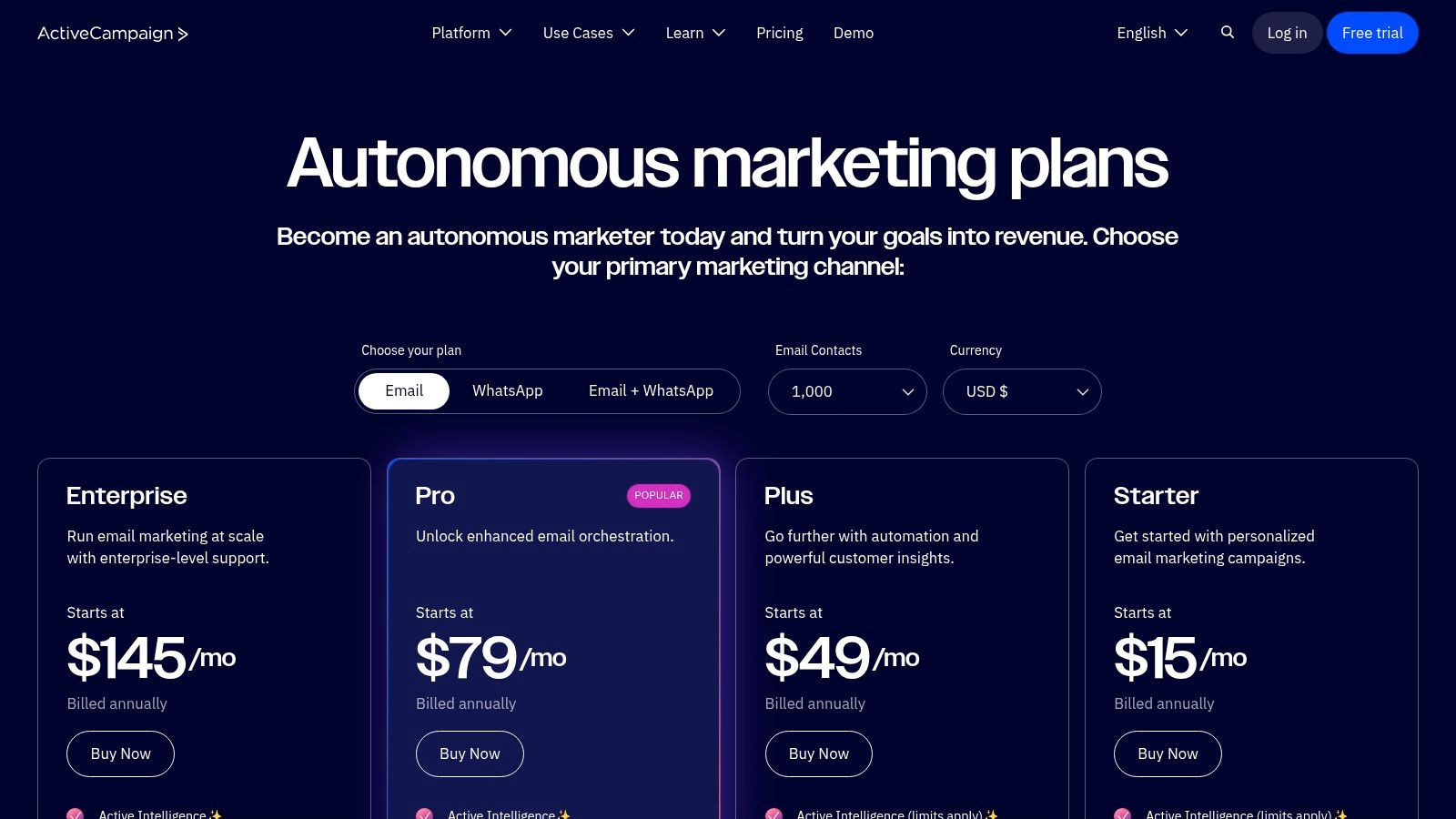 ActiveCampaign's pricing plans for its marketing and sales bundles