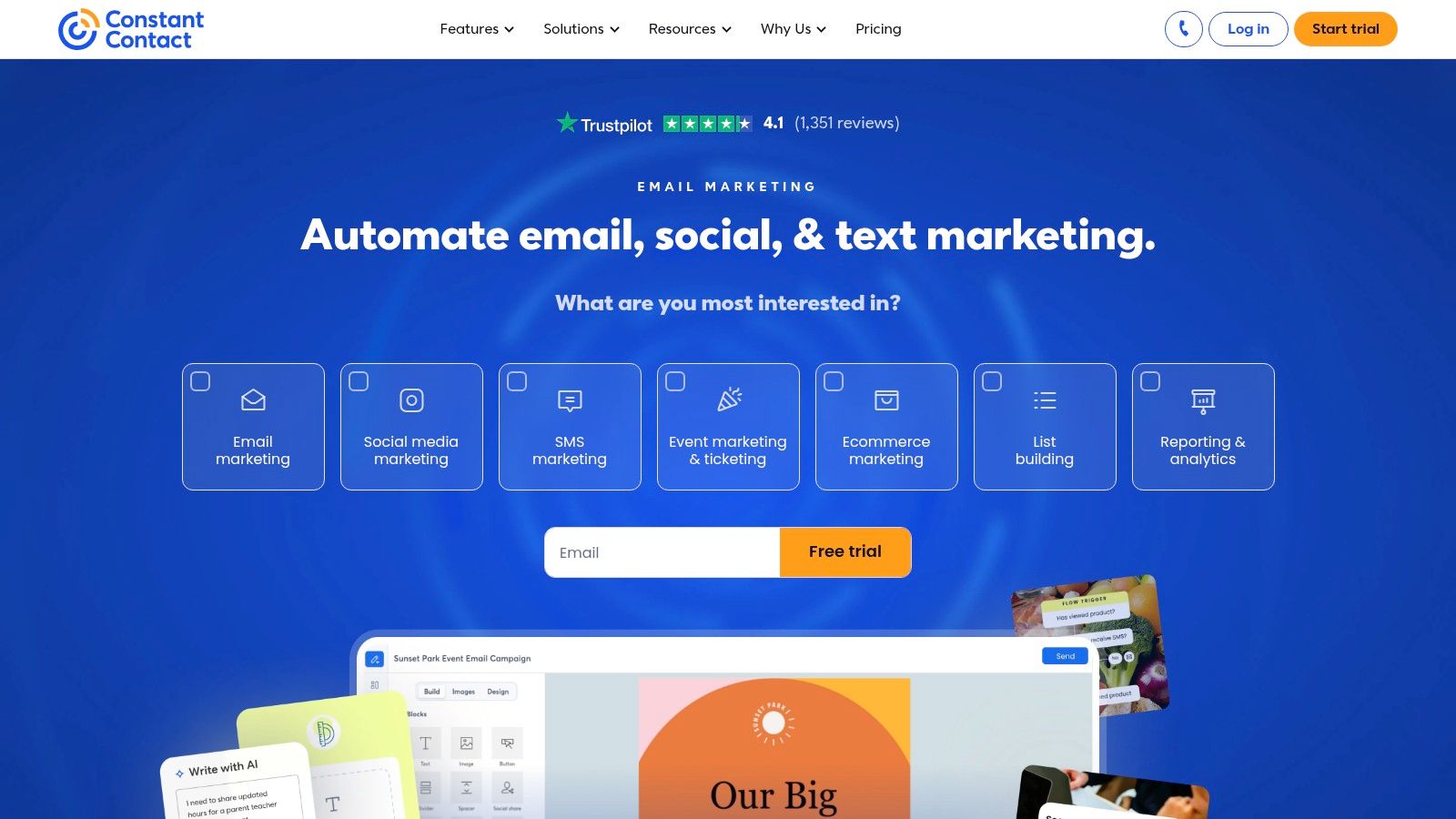 Constant Contact's email editor showing ecommerce product blocks