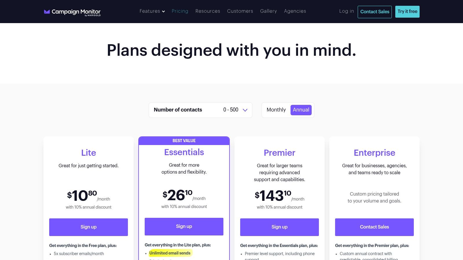 Campaign Monitor's pricing page showing its plan options