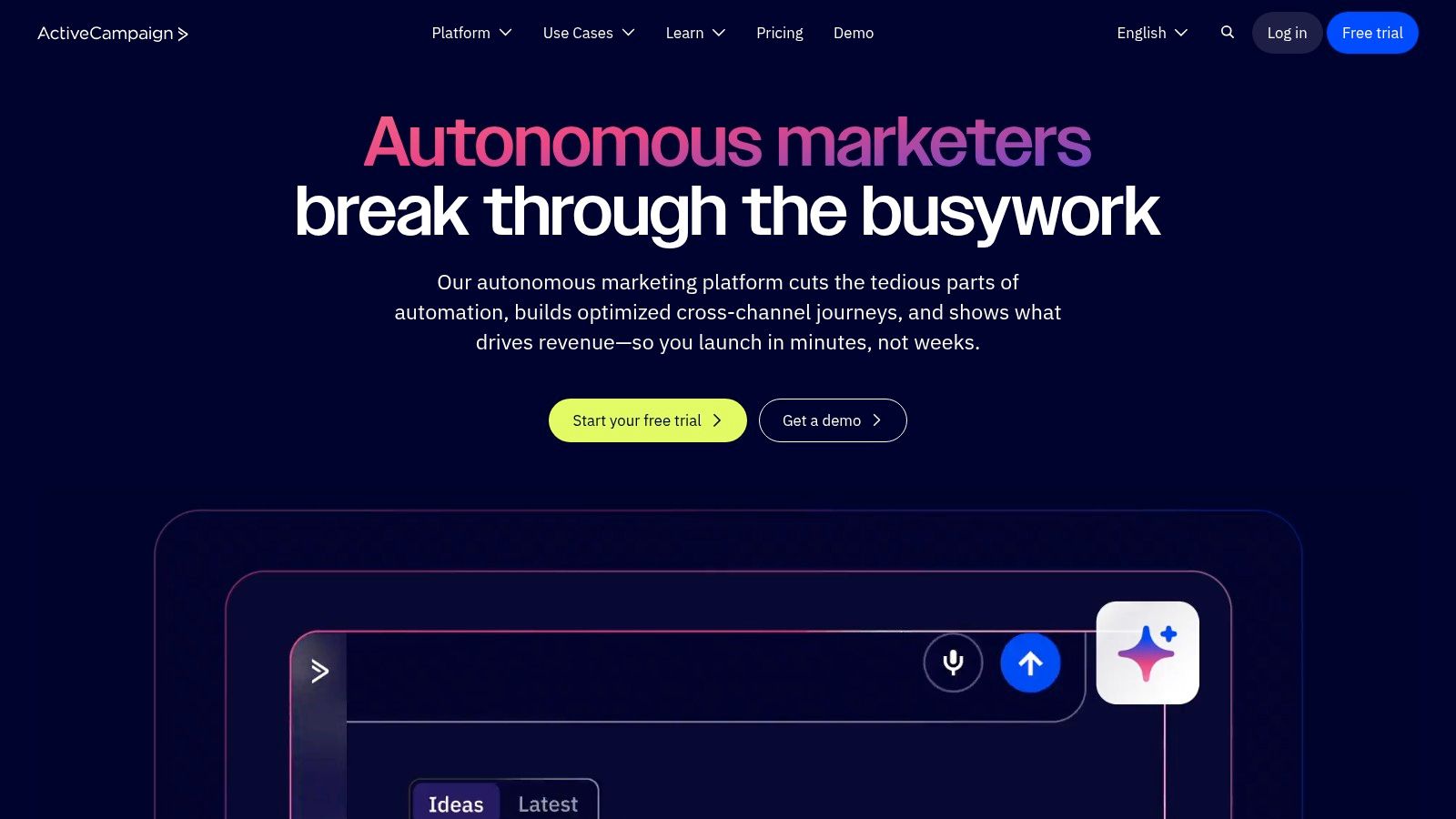 ActiveCampaign's email marketing and automation platform homepage
