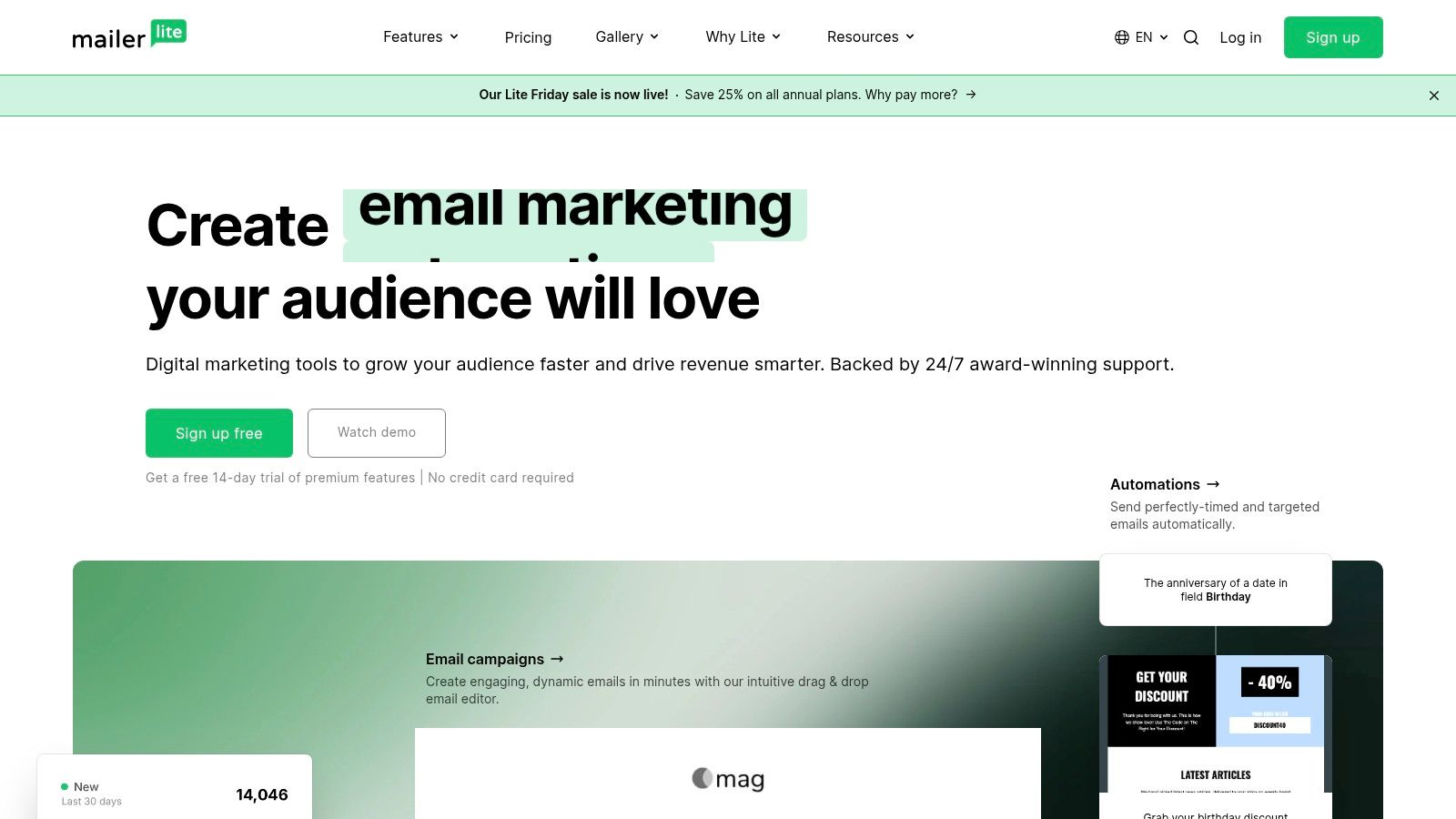 MailerLite's clean email marketing dashboard